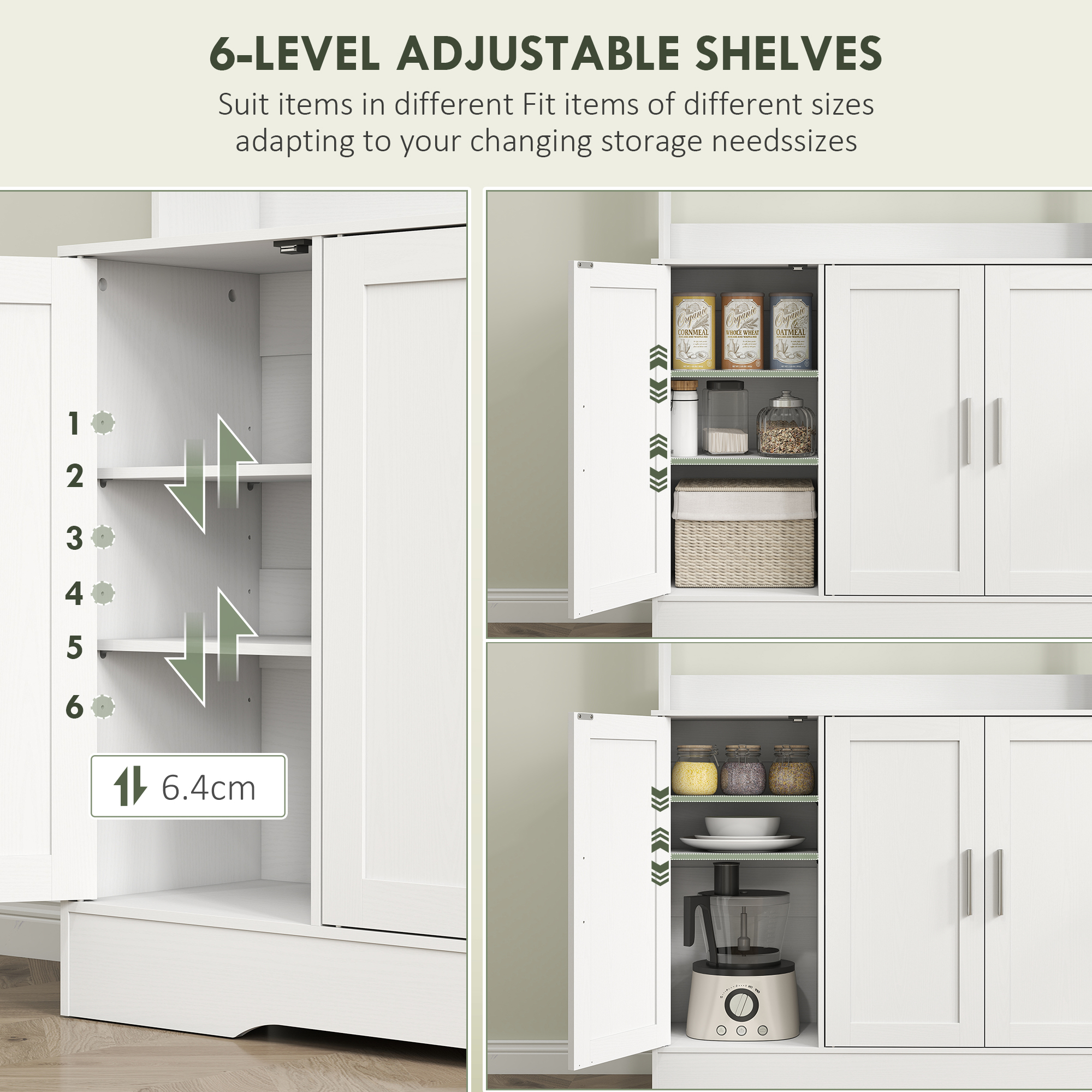  Servanta de Bucatarie inalta de 180 cm, Dulap Dispensa cu 4 Dulapuri, Usi din Sticla Securizata, 2 Rafturi Deschise, Rafturi Reglabile, Blat pentru Cuptorul cu Microunde, pentru Sala de Pranz sau Liv [4]