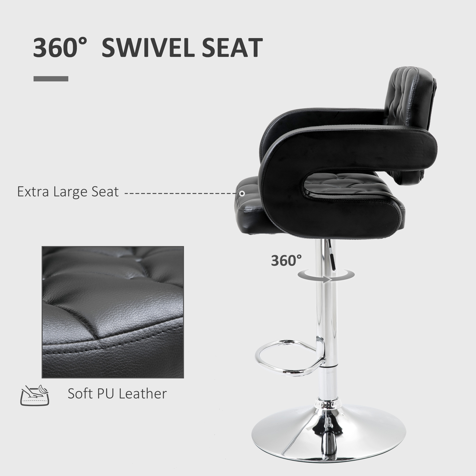  Scaun de Bar cu Spatar si Brate, Scaun Modern de Bucatarie Rotativ cu inaltime Reglabila, 61x50x94-114 cm, Negru [4]