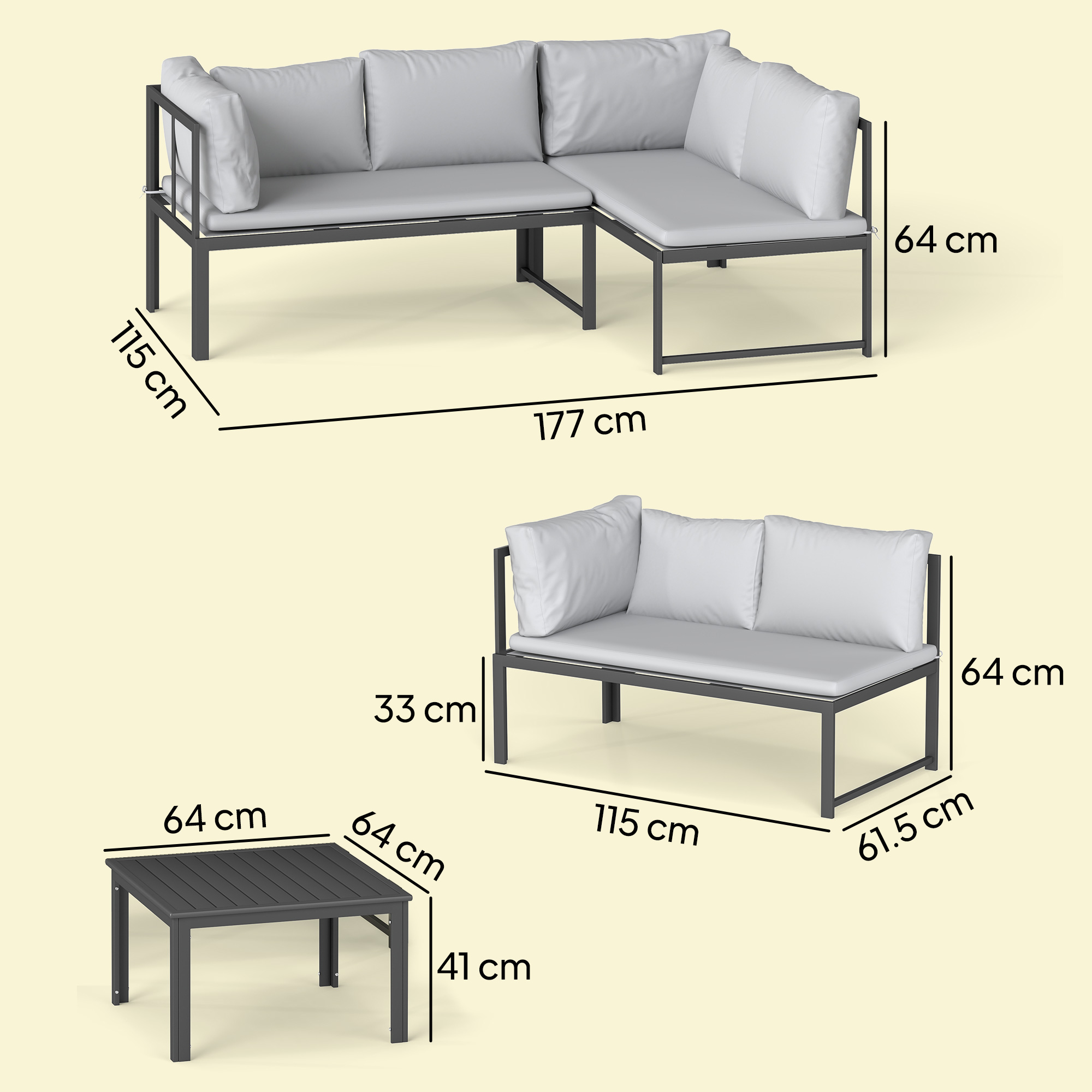 Set Mobilier de Gradina 3 Piese cu Coltar 4 Locuri si Masuta, Metal si Poliester Gri [2]