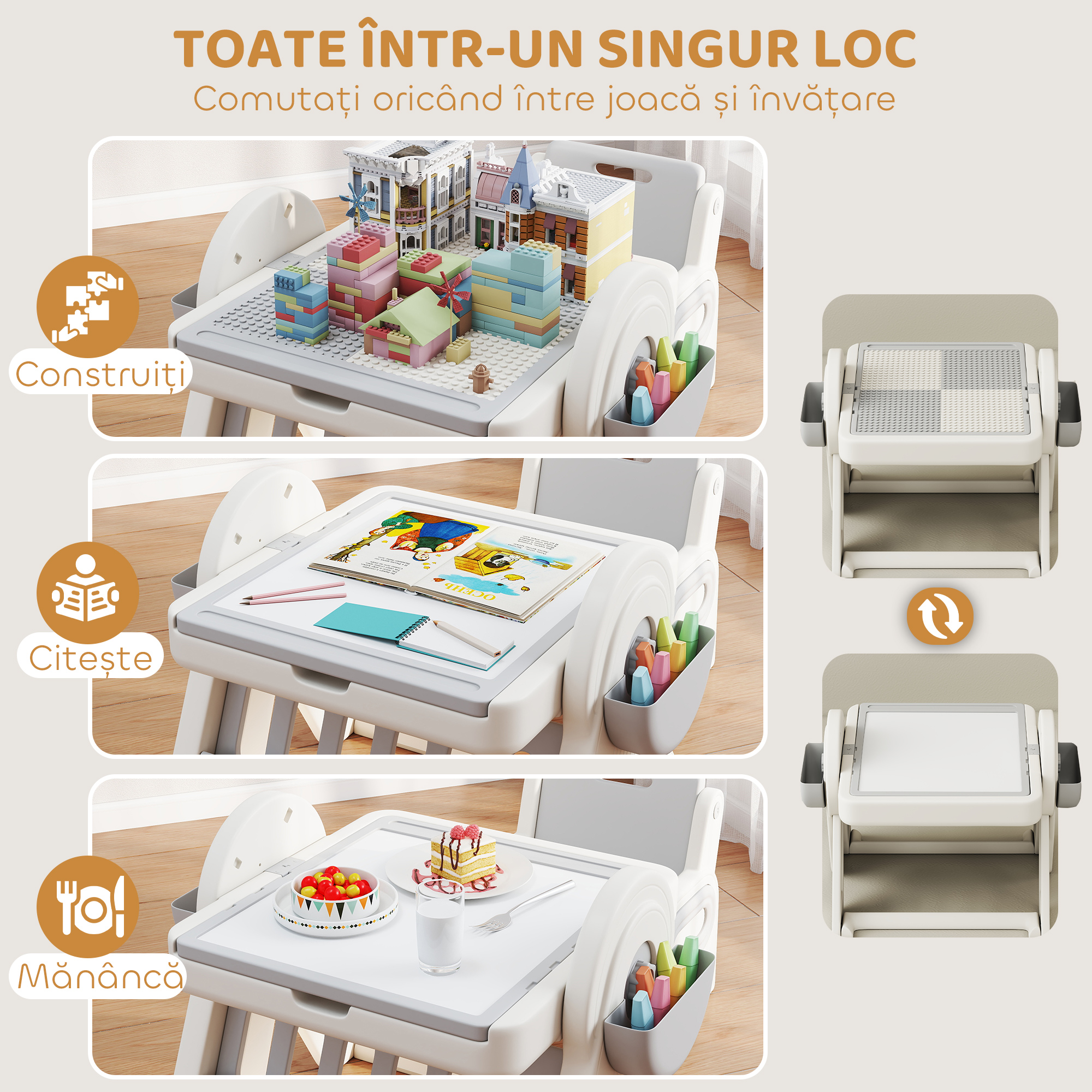  Masa Multifunctionala pentru Copii cu Raft de Depozitare si Sertare, din HDPE si PP, Gri si Alb [3]