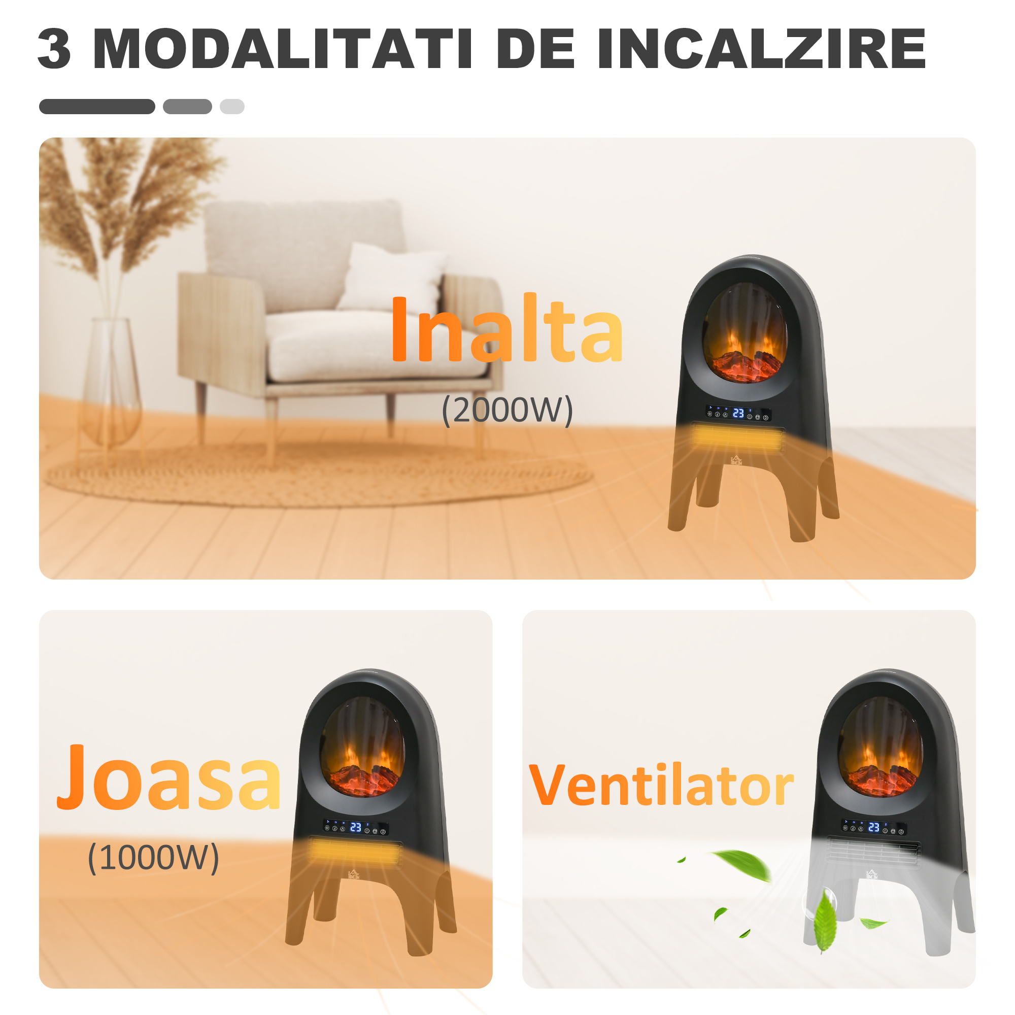  Incalzitor cu ventilator cu 3 moduri de incalzire cu temperatura reglabila si telecomanda, din ABS, 33,7x25,5x60,4 cm, negru [7]