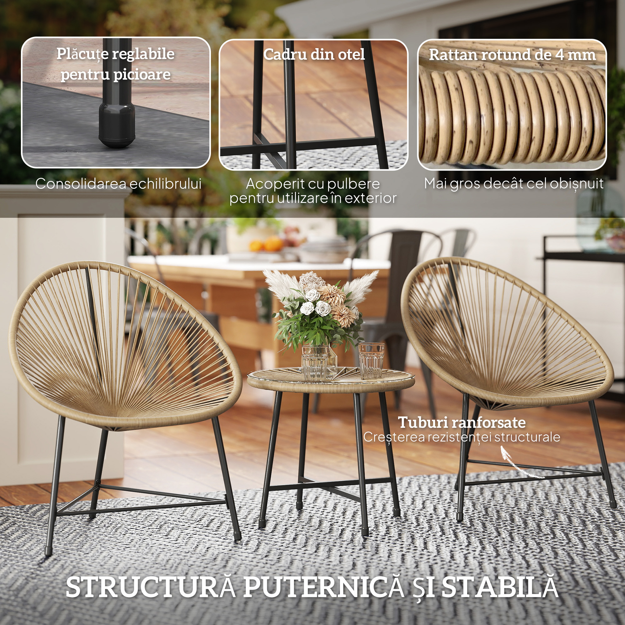  Set de Gradina 3 Piese din Ratan PE si Otel cu 2 Scaune Ovale si Masuta de Cafea, Negru si culoare Lemn [6]