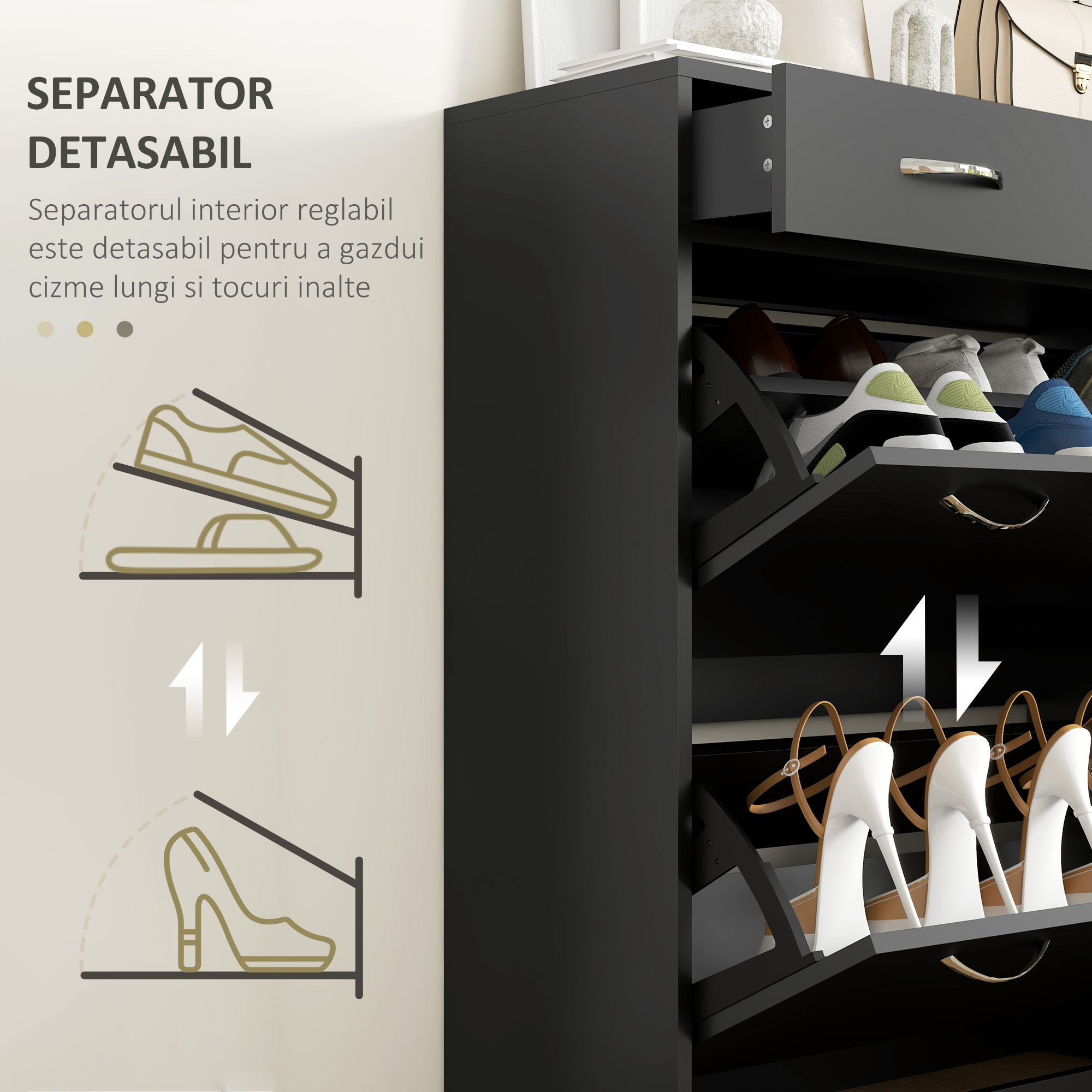  Dulap pentru Pantofi Modern cu 2 Rafturi Regabile si 2 Sertare din Lemn Negru [5]