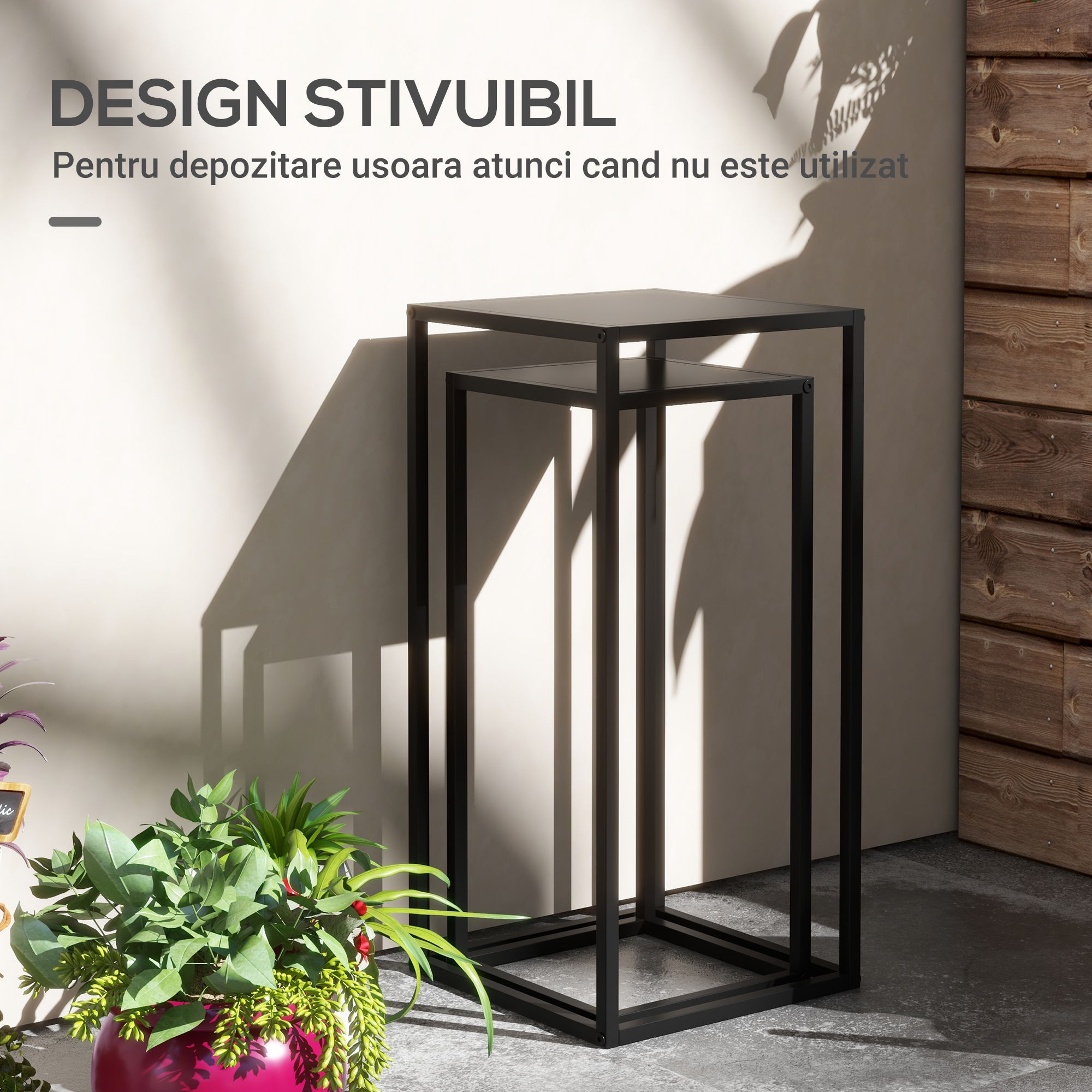  Set 2 suporturi pentru plante din otel pentru interior si exterior, 25x25x58,5 cm si 31x31x65 cm, negru [5]