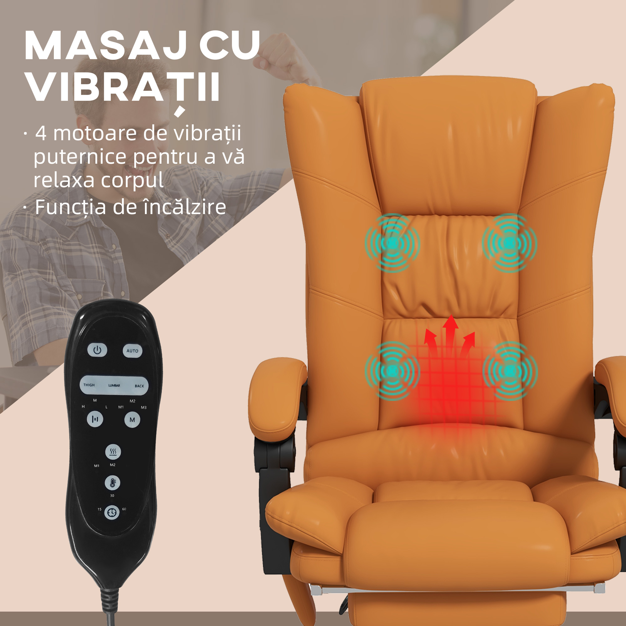  Scaun de Birou Masaj cu Vibratii Caldura Scaun de Calculator Suport pentru Picioare Cotiera Spatar Rabatabil Maro Deschis Pentru scoala computer mobila de studiu ergonomic pentru birou munca modern c [3]