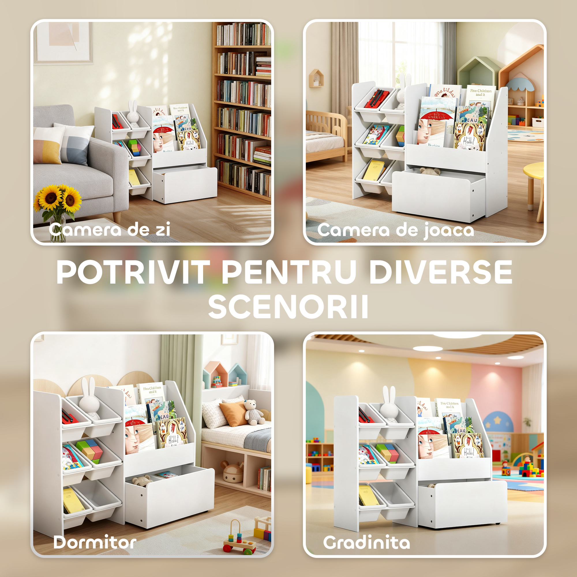  Raft pentru jucarii cu 6 cosuri, 3 rafturi, din lemn, plastic si otel, 100x30x80 cm, alb [4]