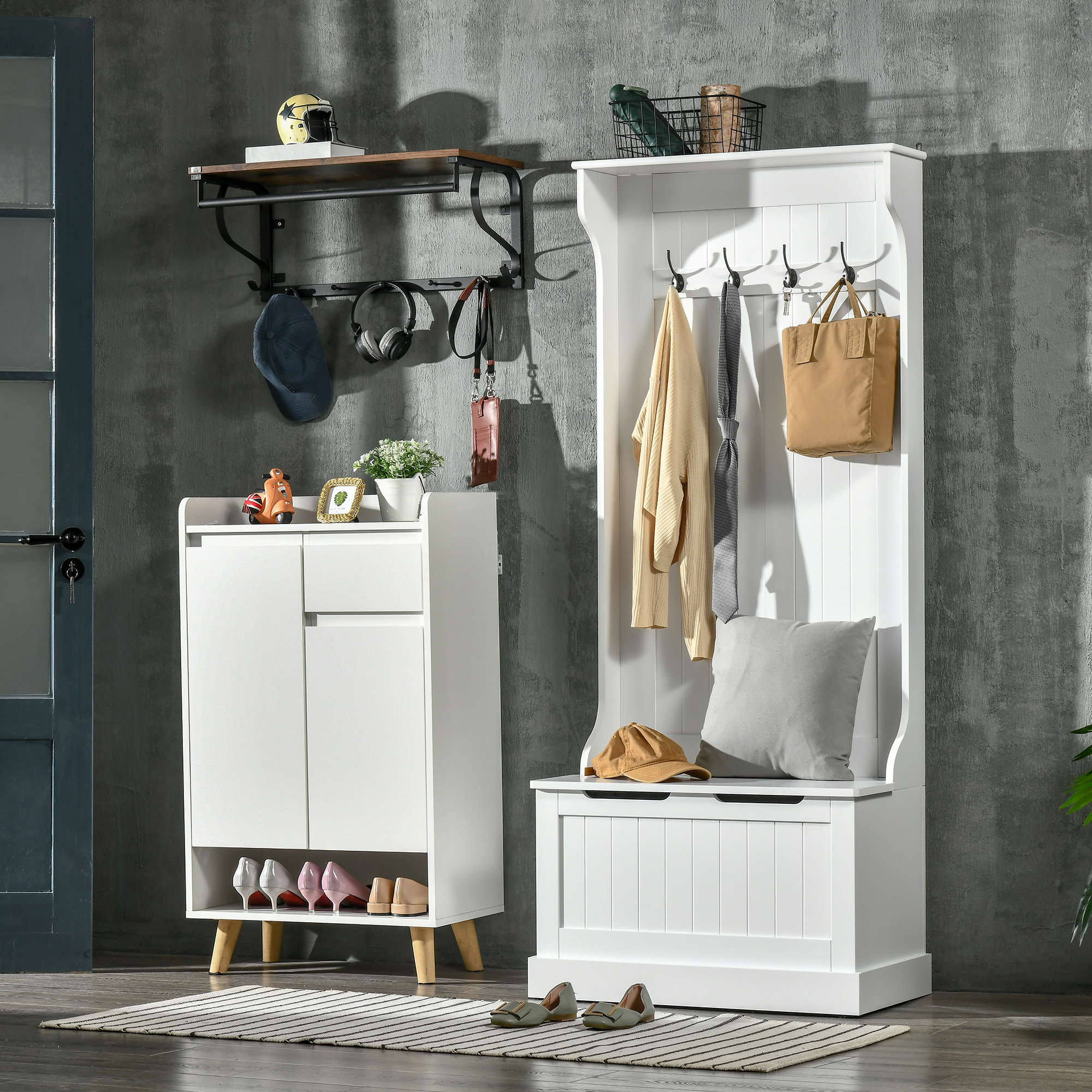  Cuier cu Banca & Depozitare - MDF Alb, 71,5×170 cm [1]