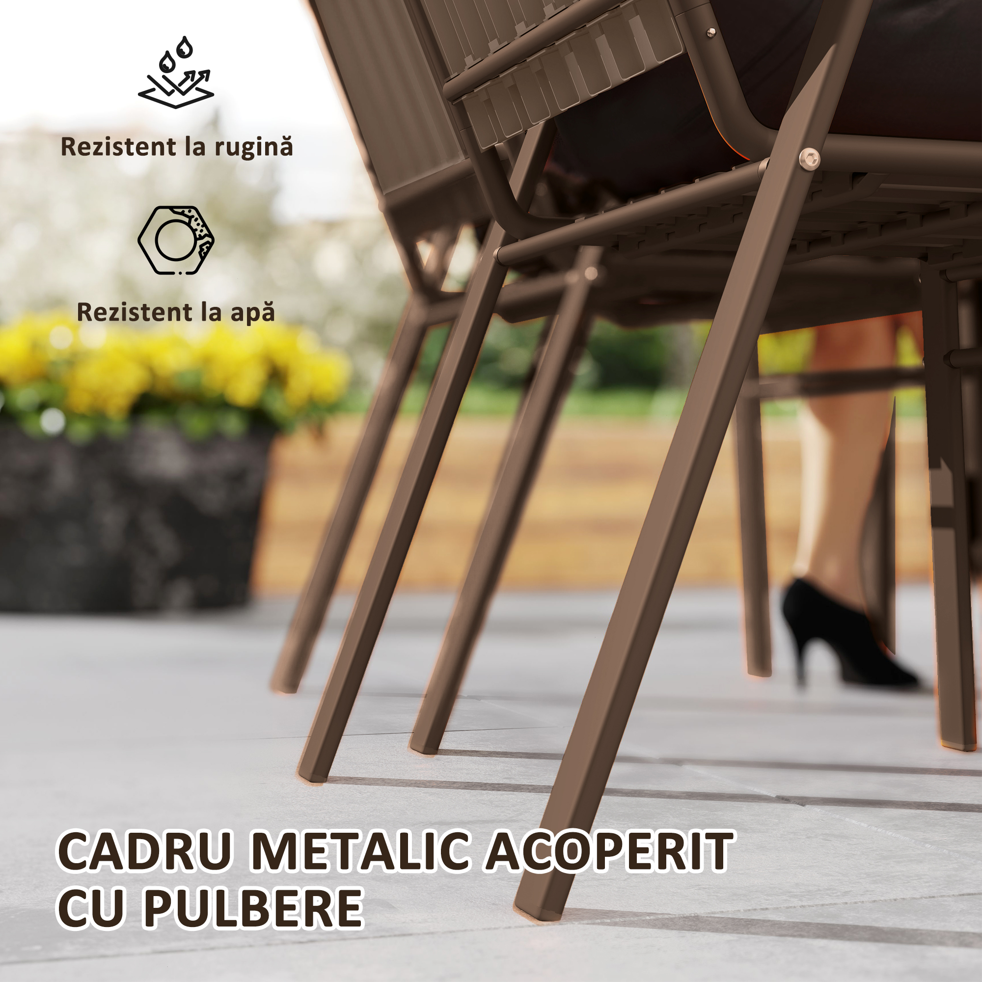  Set 4 Scaune de Exterior Stivuibile cu Spatar inalt si Brate, din Otel si PP, 56x66x91 cm, Maro inchis [5]