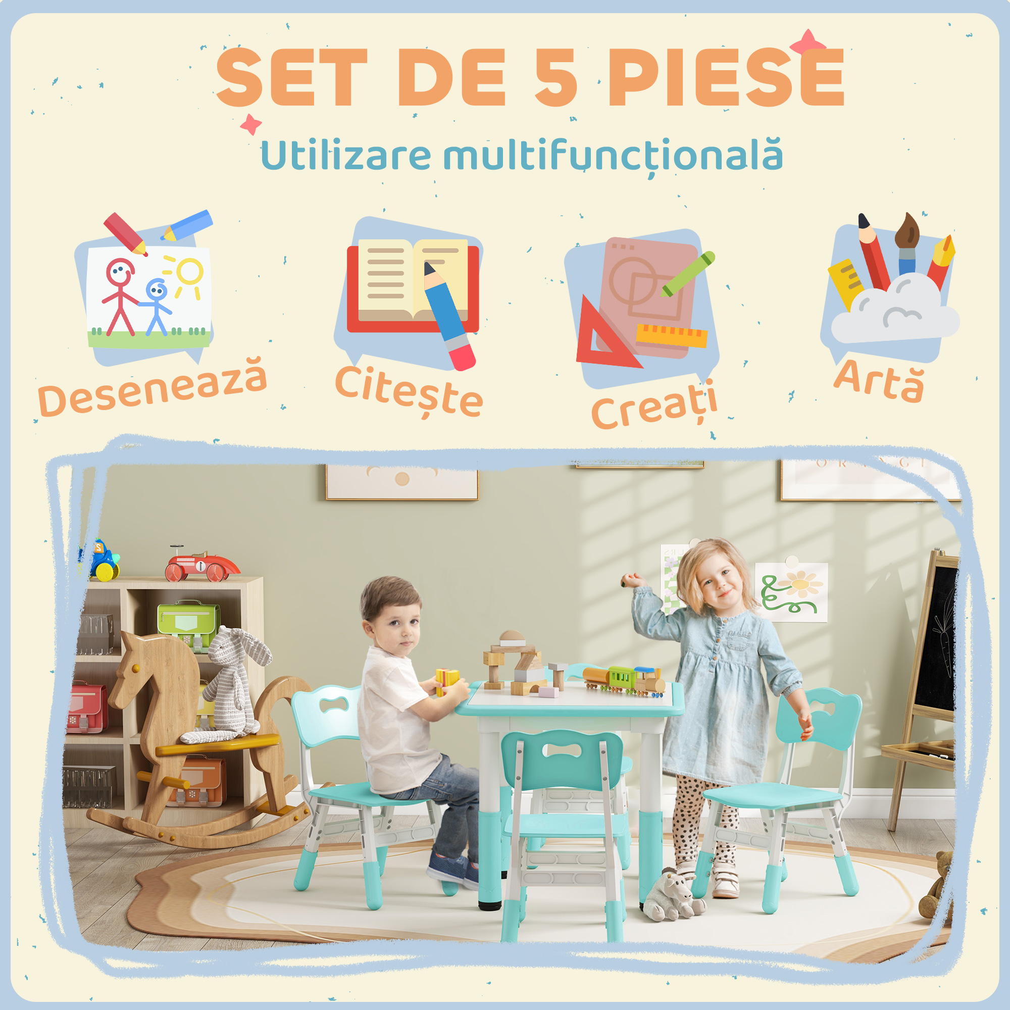  Set Masuta si Scaune pentru Copii 18-60 Luni cu inaltime Reglabila si Tabla de Scris, 60x60x46-58 cm, Verde [4]