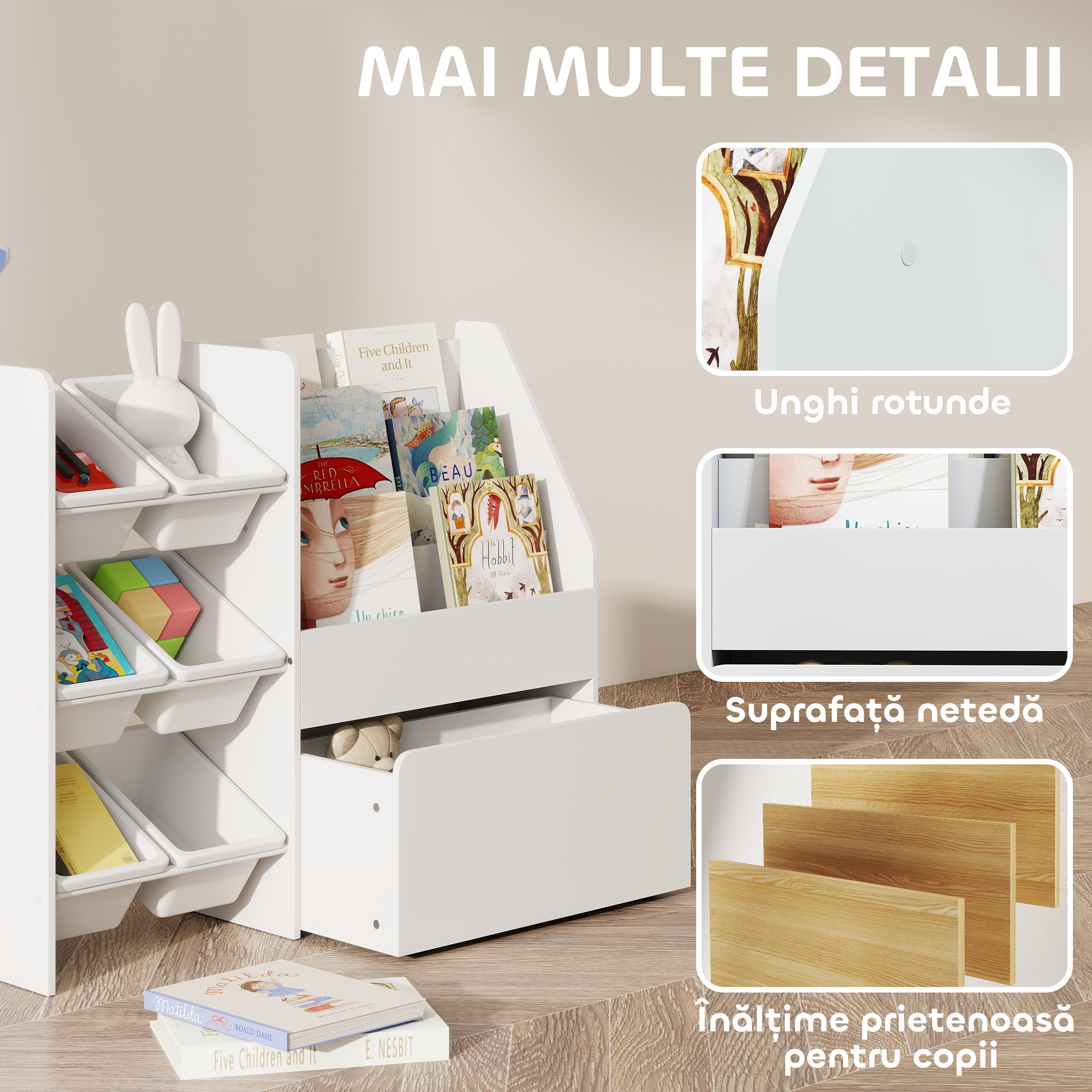  Raft pentru jucarii cu 6 cosuri, 3 rafturi, din lemn, plastic si otel, 100x30x80 cm, alb [5]