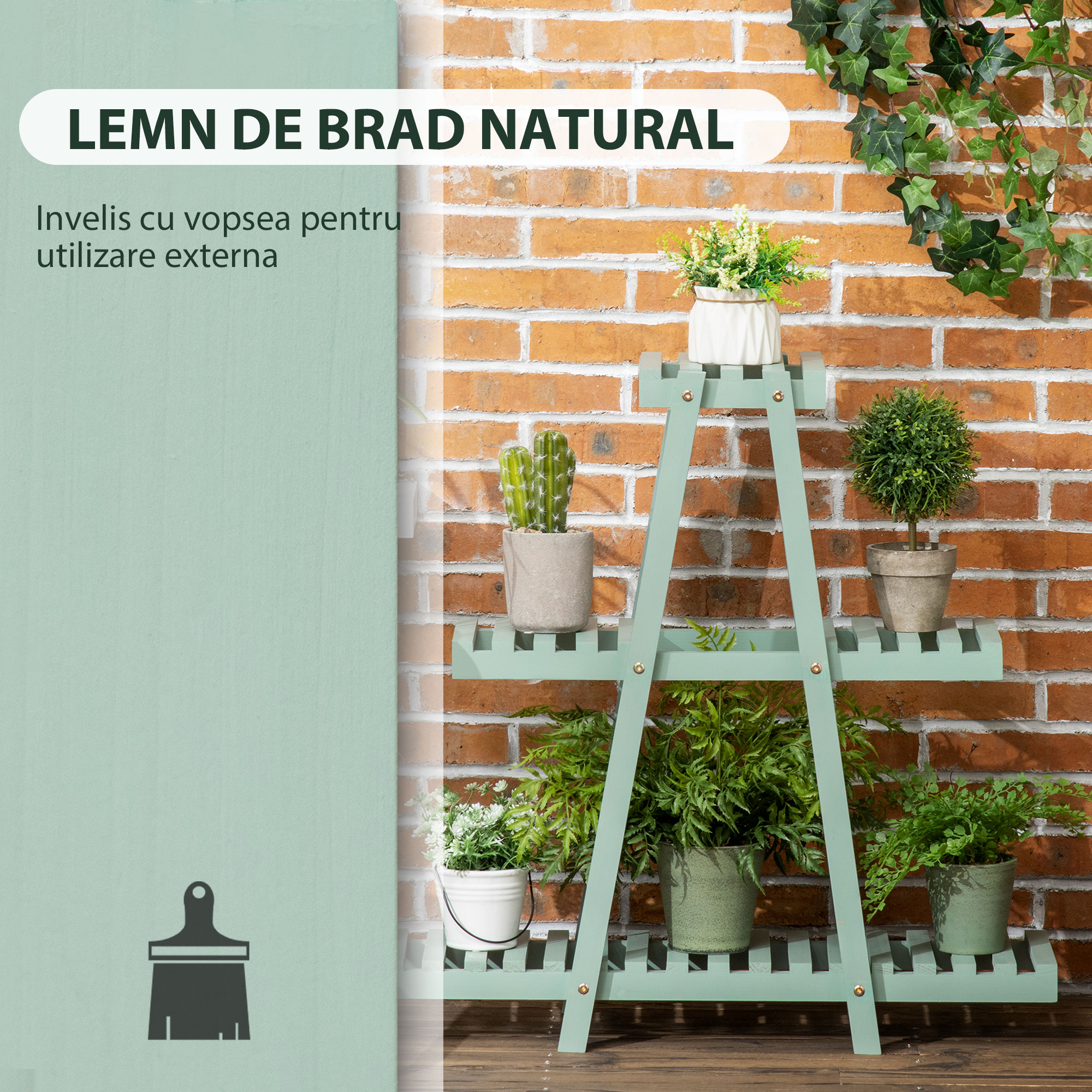  Suport pentru plante din lemn de brad cu 3 niveluri pentru interior si exterior, 76x26x76cm, verde deschis [4]