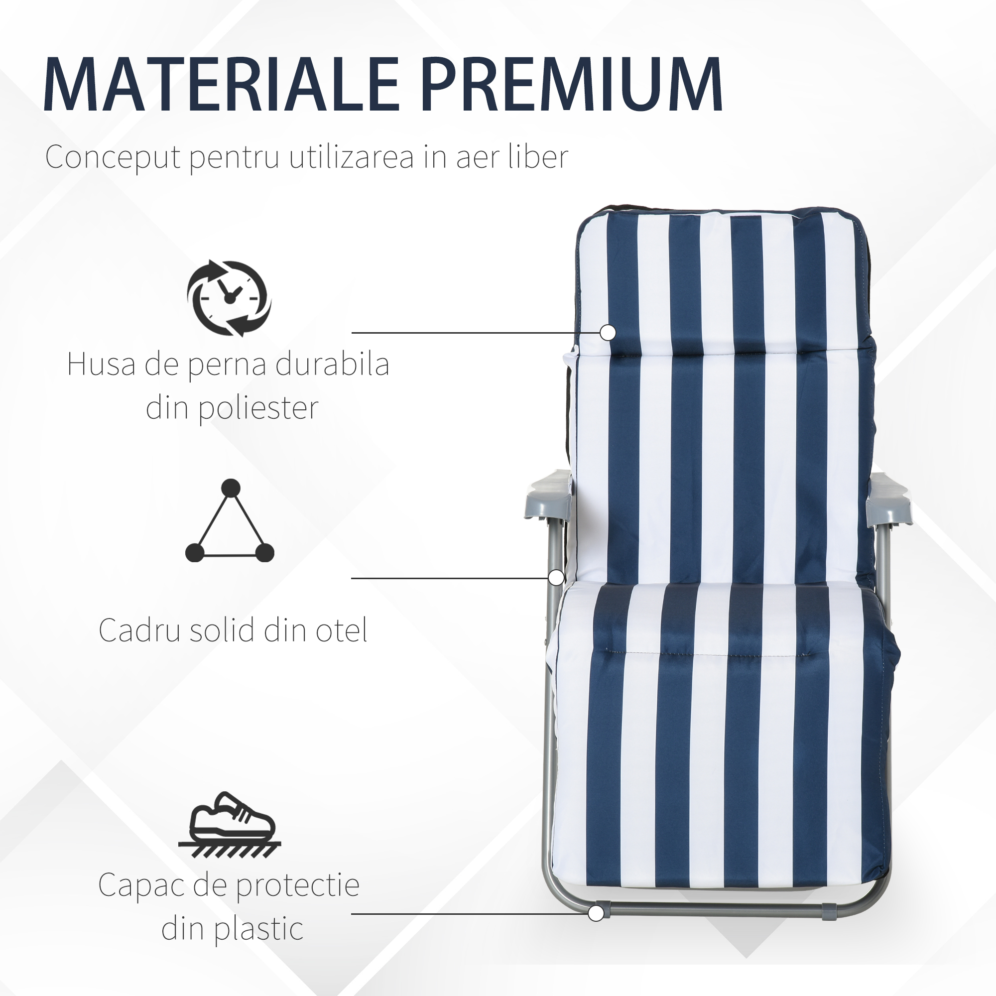  Set 2 Scaune sezlong de Gradina, cu Captuseala cu Brate Reclinabile, alb si albastru [6]