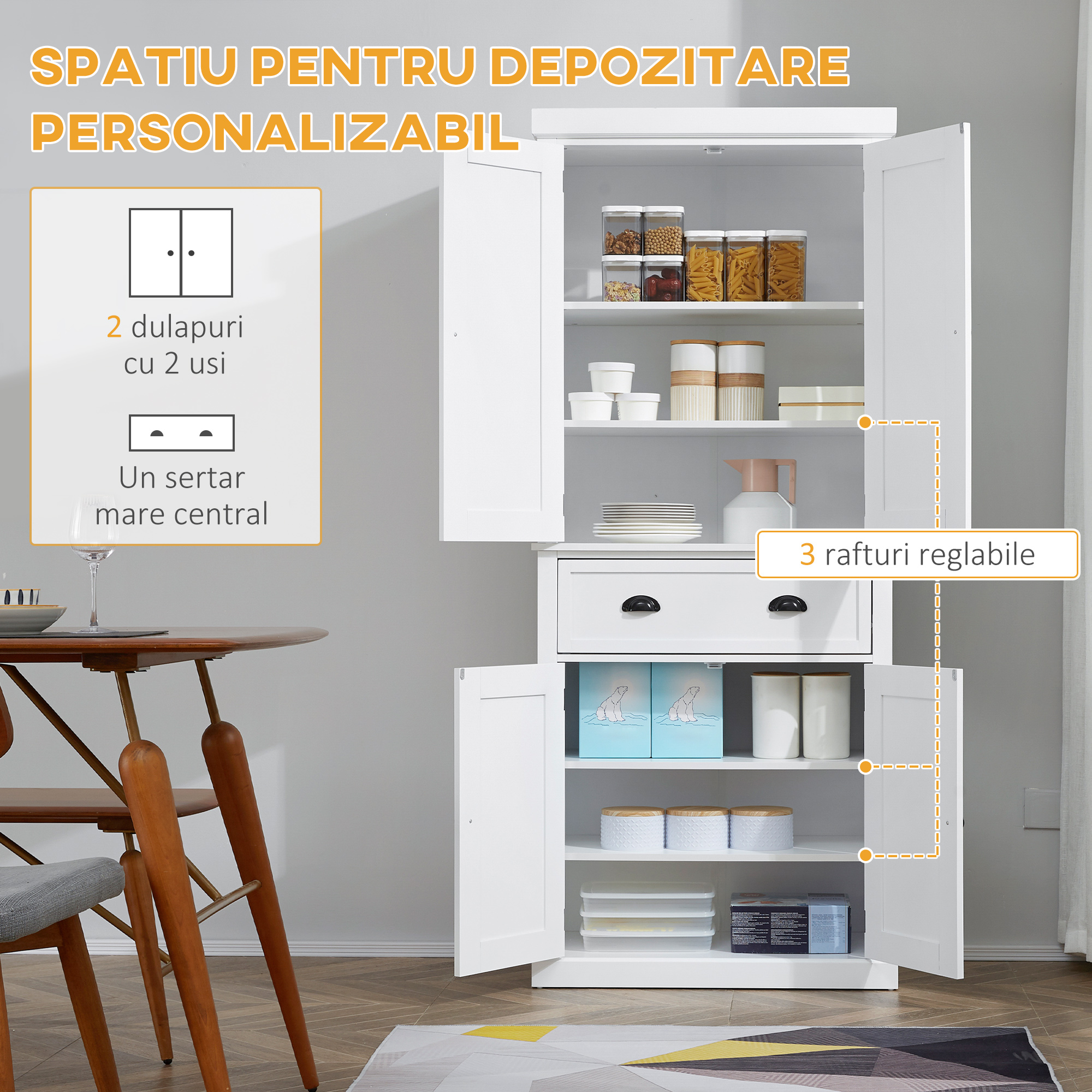  Dulap de bucatarie cu dulap superior si inferior si sertar central din MDF, placi aglomerate si metal, 76x40,5x184cm, alb [3]