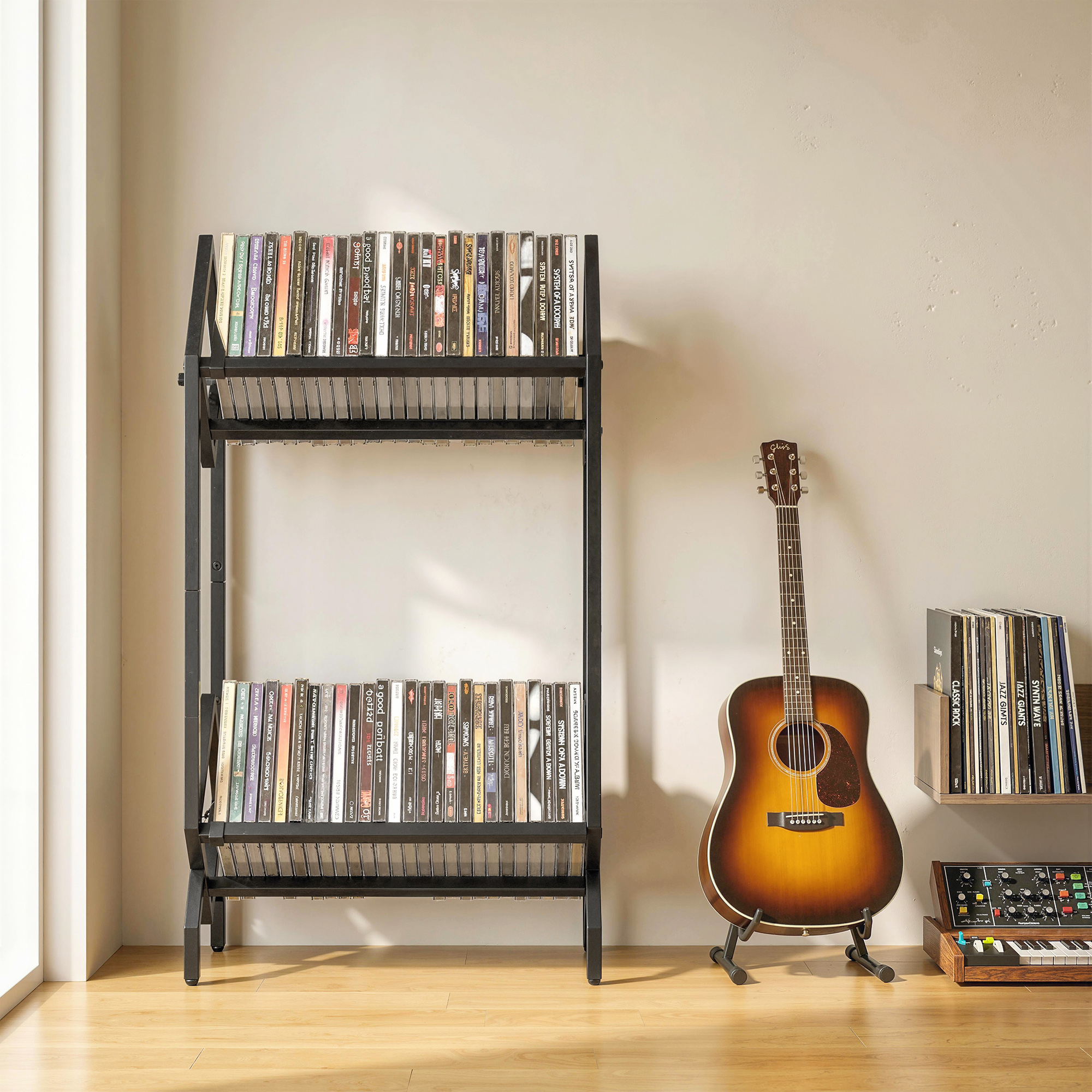  Organizator CD-uri pentru 50 CD-uri, Organizator Viniluri 2 Niveluri din Metal pentru DVD-uri, Carti, Albume, Negru [8]