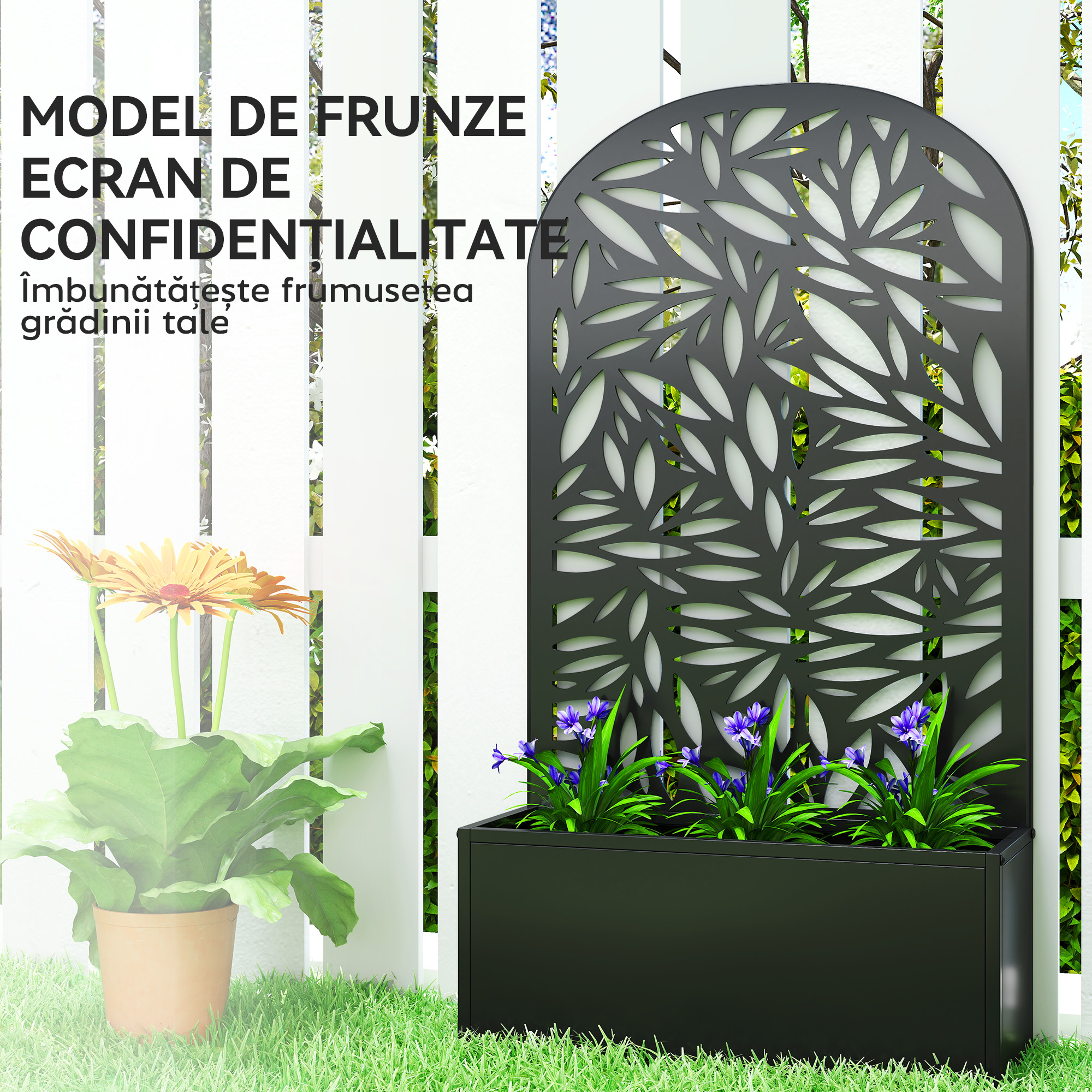  Jardiniera Elevata de Exterior, Jardiniera cu Suport Decorativ Arcuat cu Motive de Frunze pentru Plante Cataratoare din Metal, Montare pe Perete sau Independenta, pentru Plante si Flori, 61x23x113 cm [5]