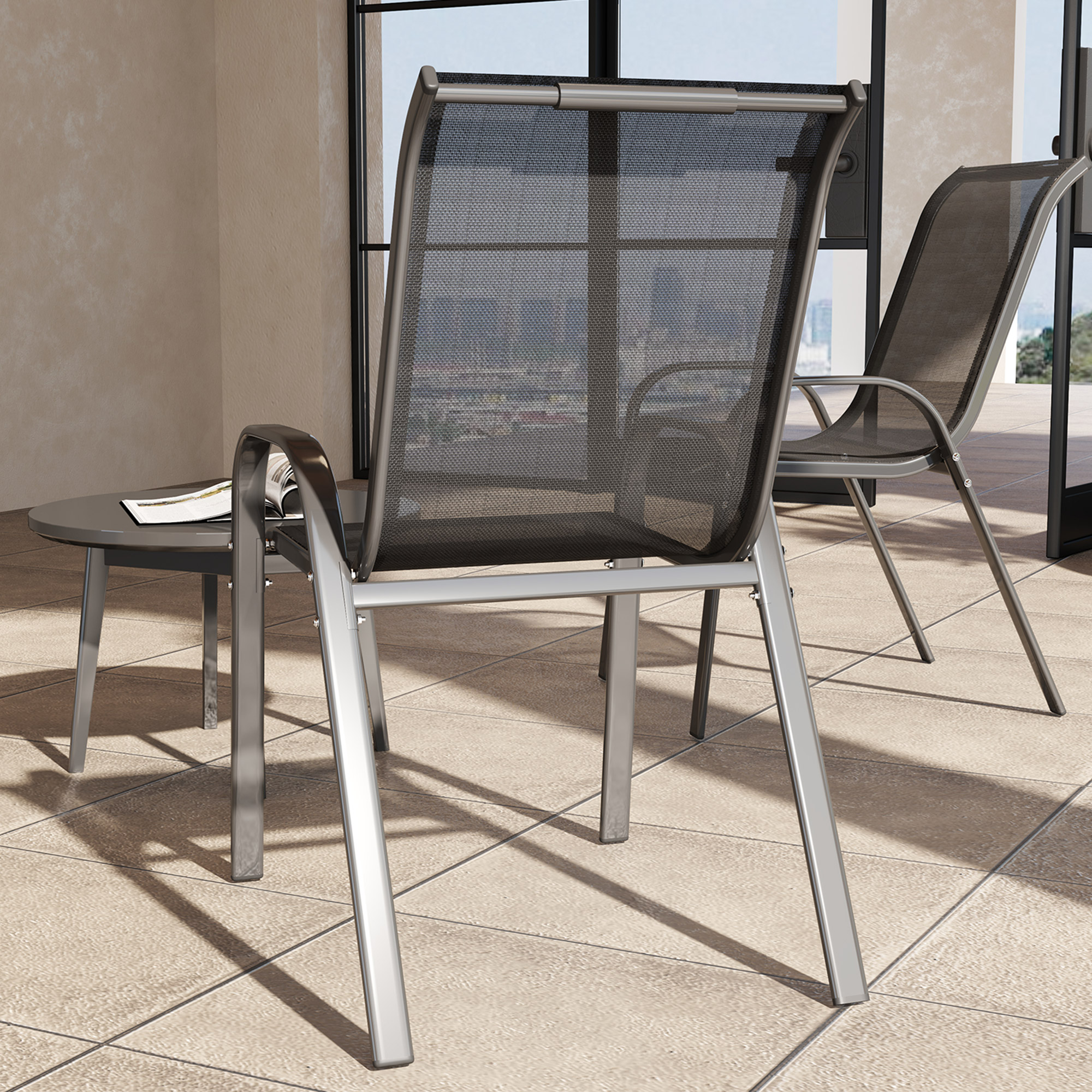  Set de 2 Scaune de Exterior pentru Pranz, Scaune Suprapozabile cu Spatar inalt, Plasa Respirabila pentru Gradina sau Terasa, Negru [8]