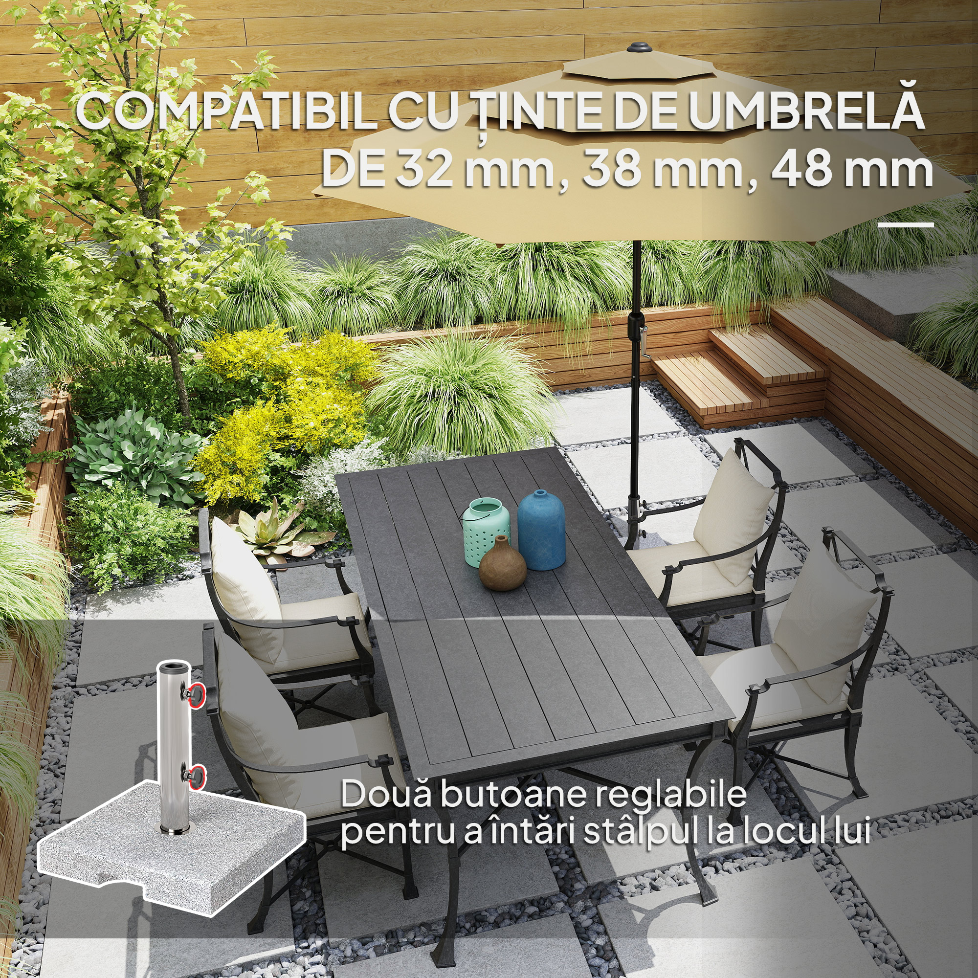  Baza pentru Umbrela din Granit 21 kg, Baza Patrata pentru Umbrele de Exterior cu Manere si 2 Butoane Reglabile, Ideala pentru Gradina, Patio, Marginea Piscinei, Gri [3]
