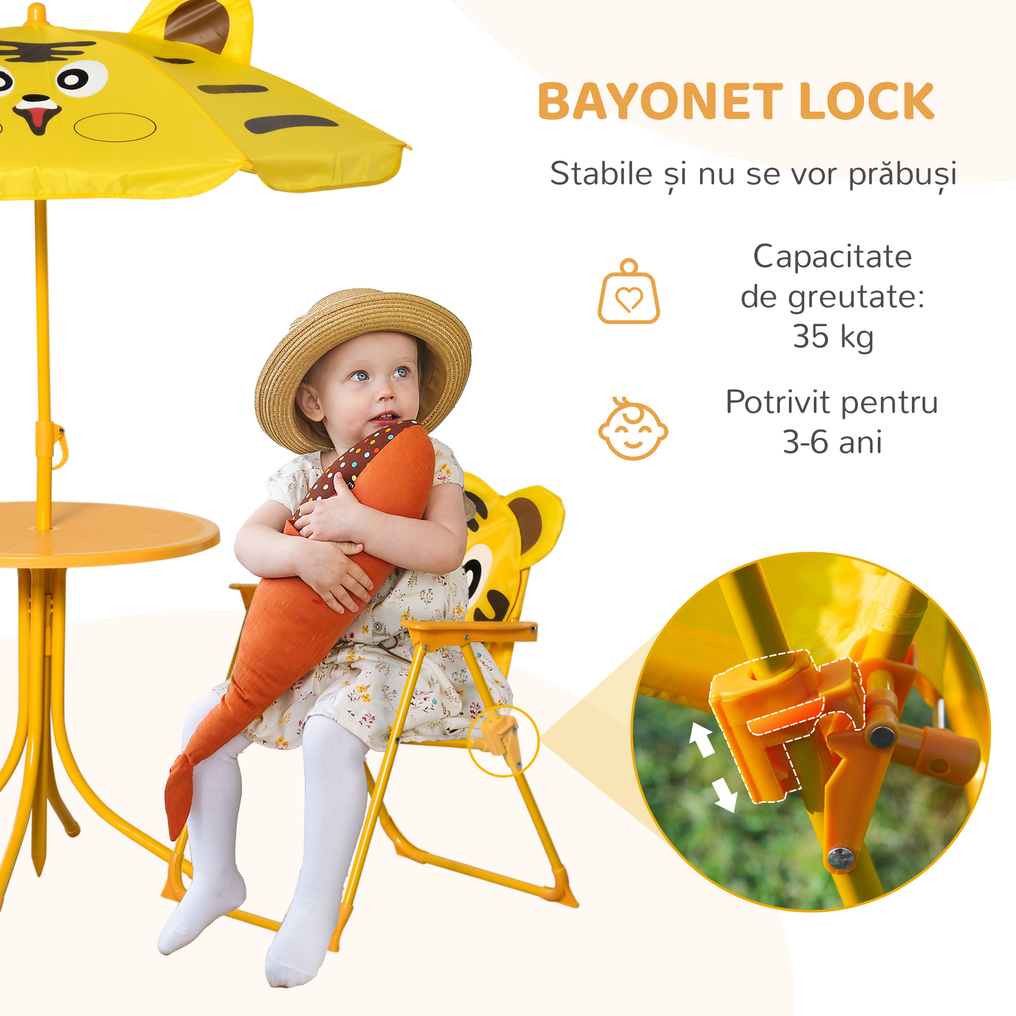  Set de Exterior pentru Copii, 4 Piese cu 2 Scaune Pliabile, Umbrela de Gradina si Masa Rotunda, Set din Otel si tesatura Oxford Galben [6]