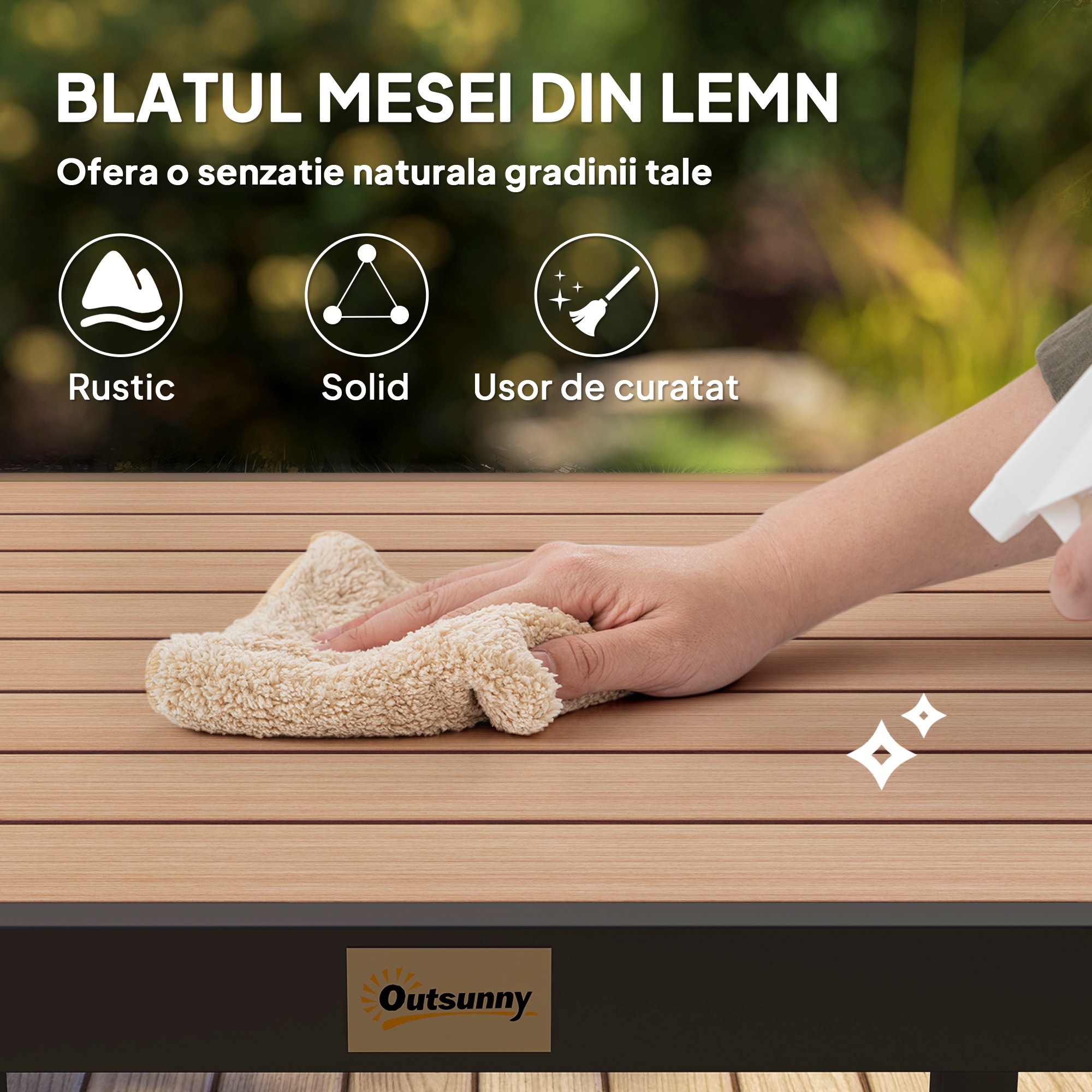 Masa de gradina  pentru 4 Persoane din Aluminiu, Masa de Exterior din Plastic pentru Terasa si Balcon, Negru si Culoare Lemn [3]