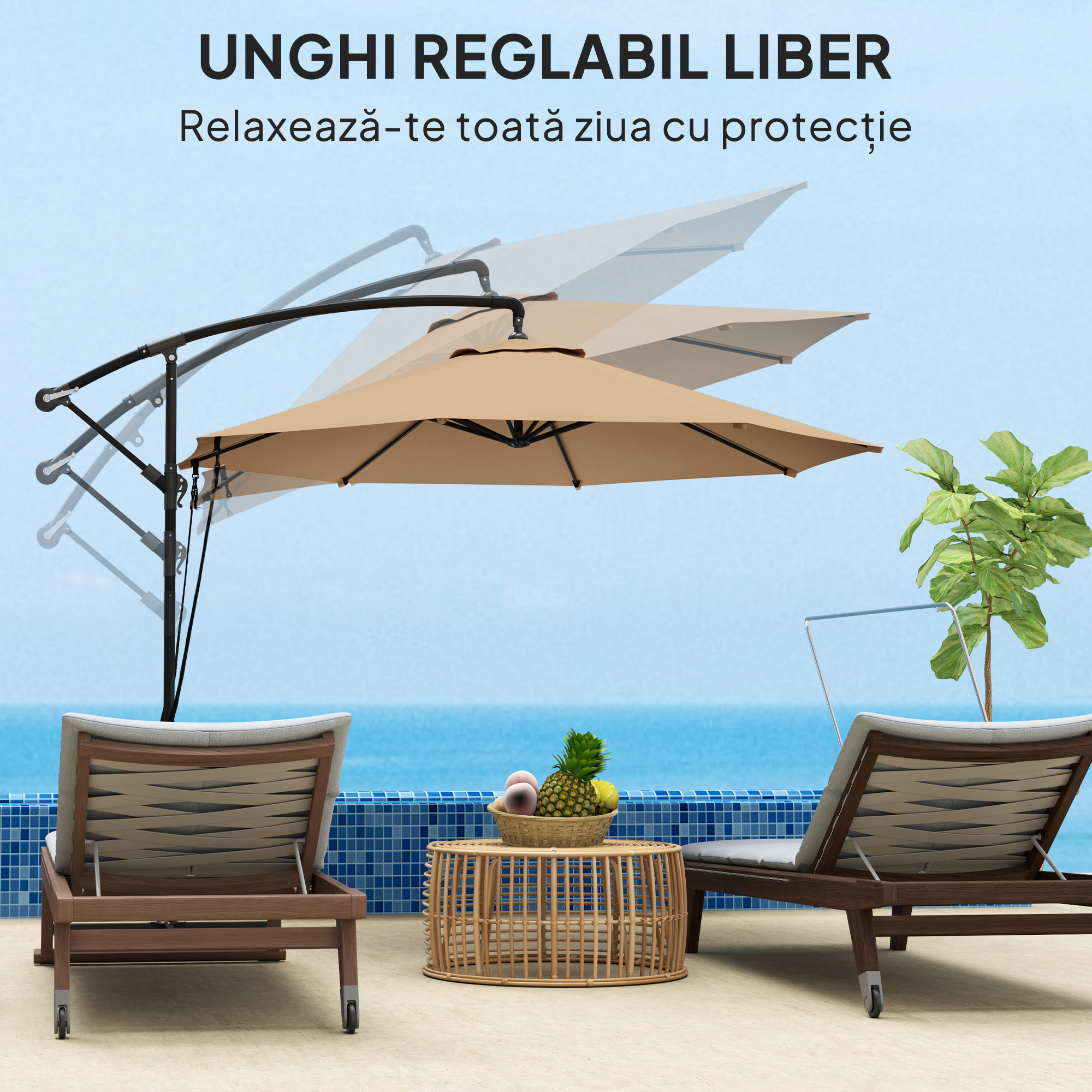  Umbrela de Soare cu Corzi Anti-Vant, Orificii de Aerisire, Baza in Cruce si Manivela, Φ290x243 cm, Gri [5]