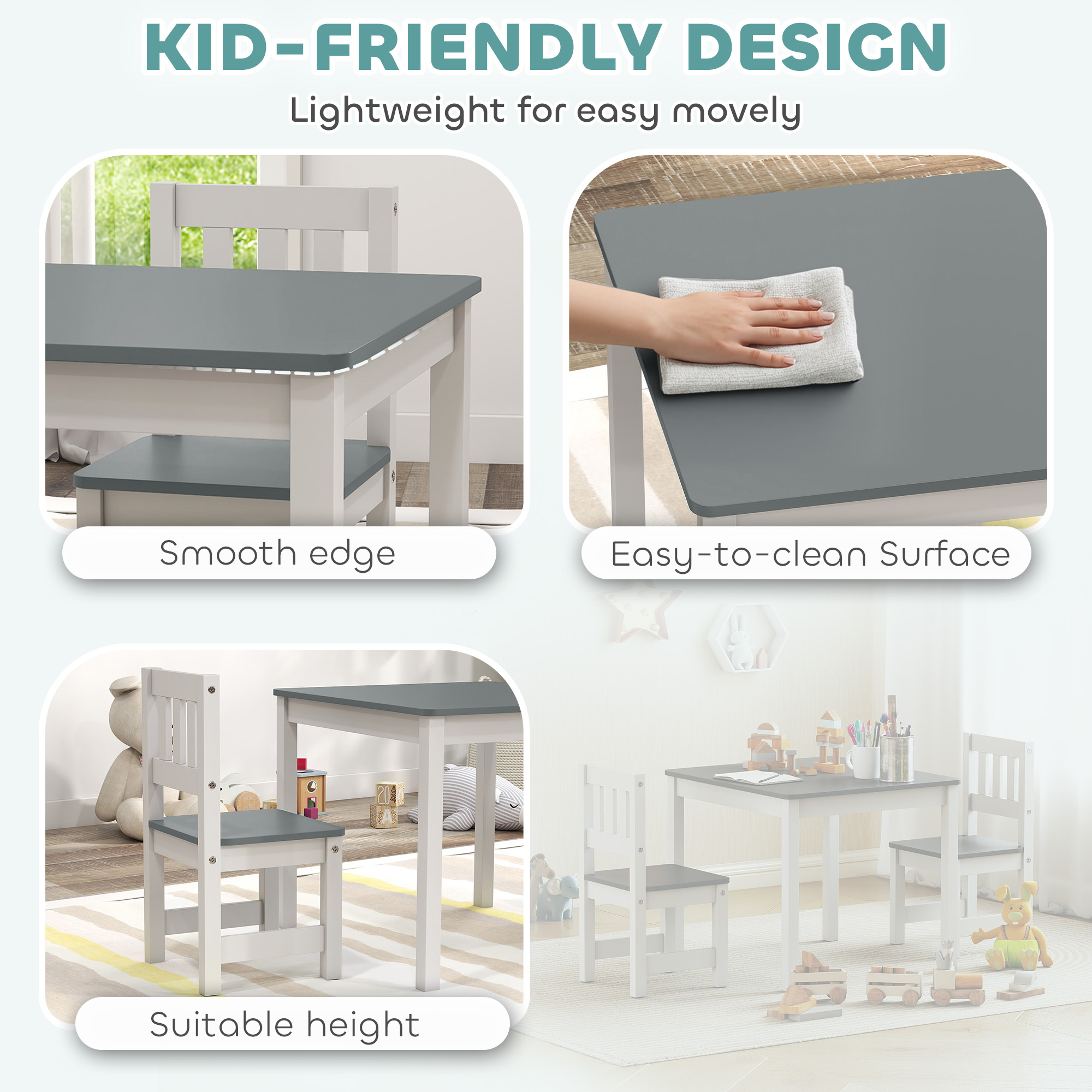  Set Masuta si Scaune pentru Copii 3-8 Ani din Lemn Gri si Alb [3]