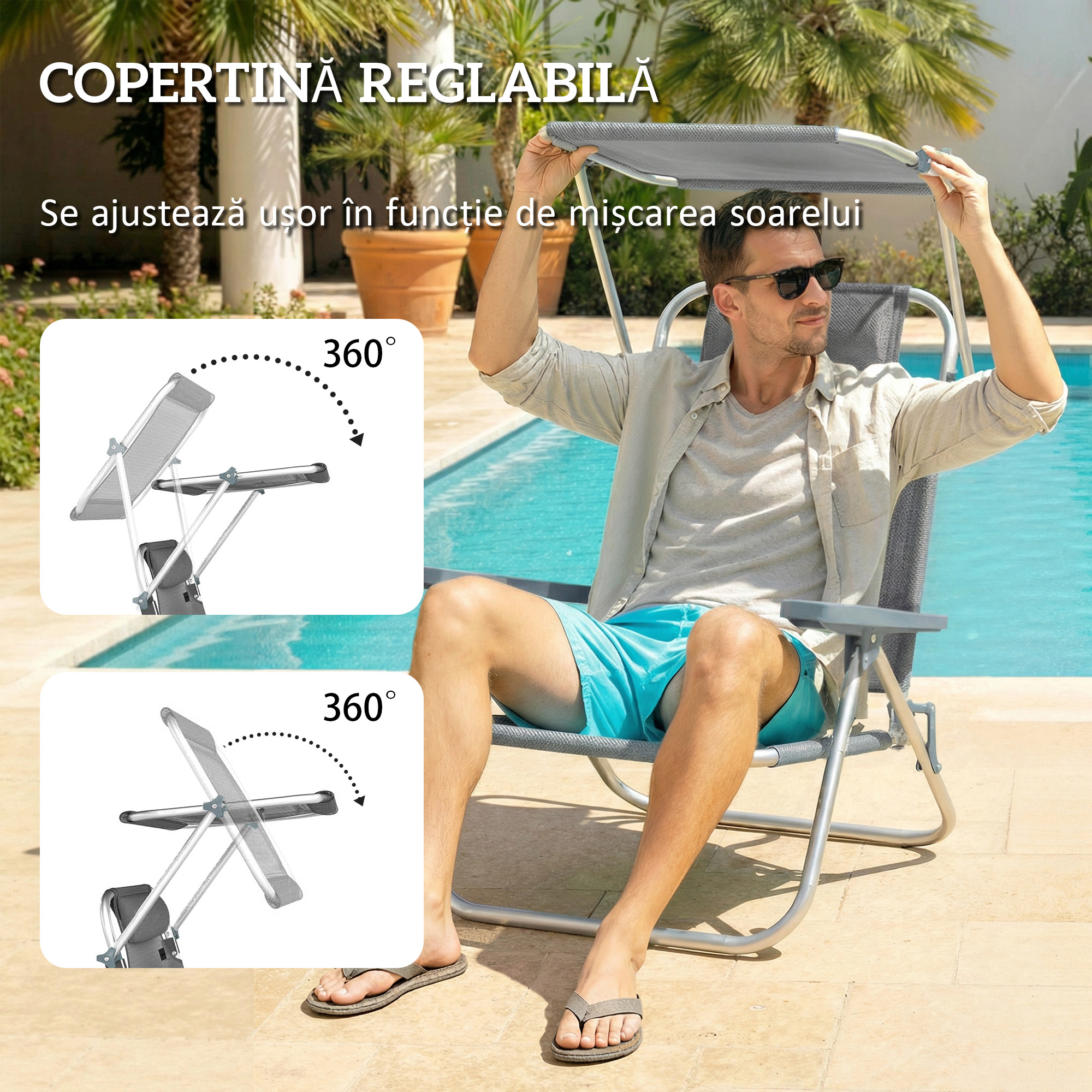  sezlong Reclinabil cu 6 Nivele, Copertina Reglabila si Tetiera, din Aluminiu si Plasa, 62x68x79, Gri [4]
