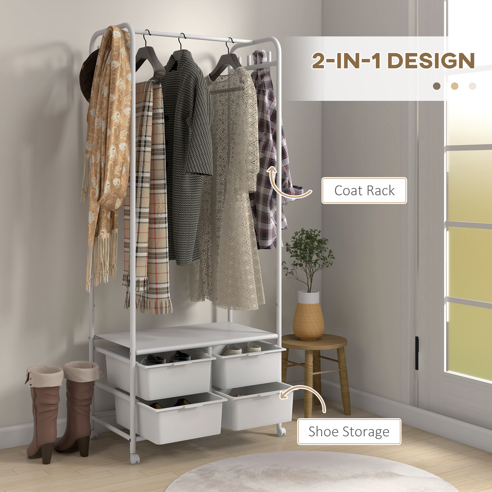  Suport de Haine cu Dulap pentru Pantofi, 4 Cosuri si 8 Carlige, din Otel si Plastic, 63x37x153 cm, Alb [3]