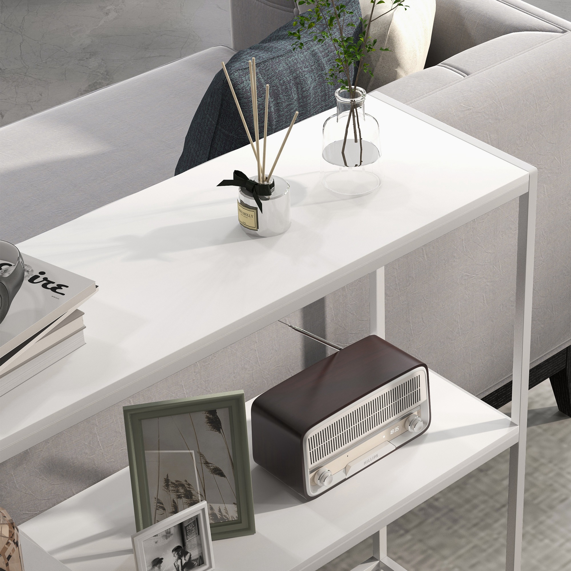  Masa Consola de Intrare Subtire cu Partea Superioara Deschisa, Dulap Consola din Otel si PAL, 100x30x87 cm, Alb [7]