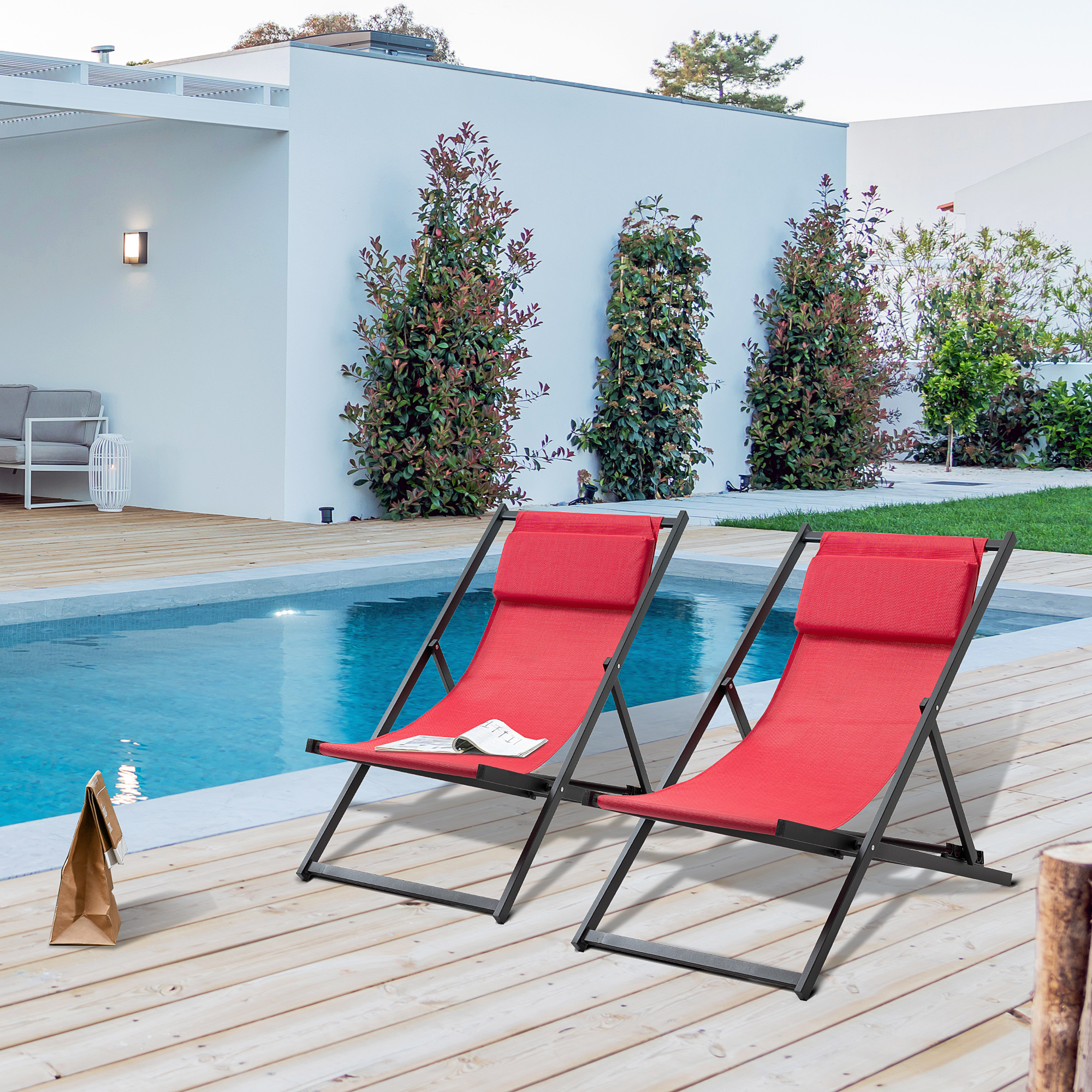  Set de 2 Sezlonguri Rabatabile din Aluminiu si Textilen Rosu [1]