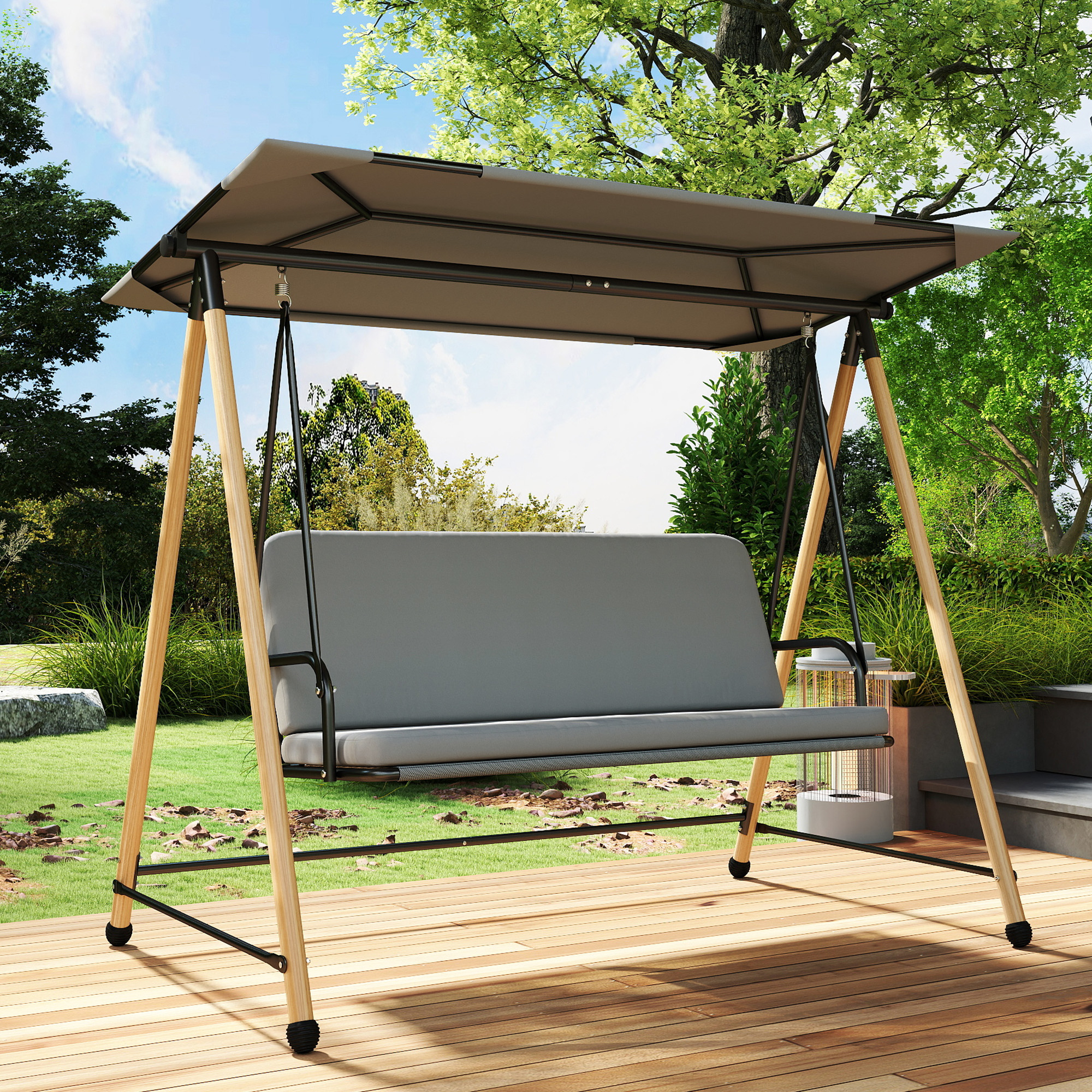  Balansoar de Gradina cu 3 Locuri, cu Copertina Reglabila Impermeabila si Perna Detasabila, Capacitate Maxima 360 kg, 208 x 125 x 180 cm, Gri [7]