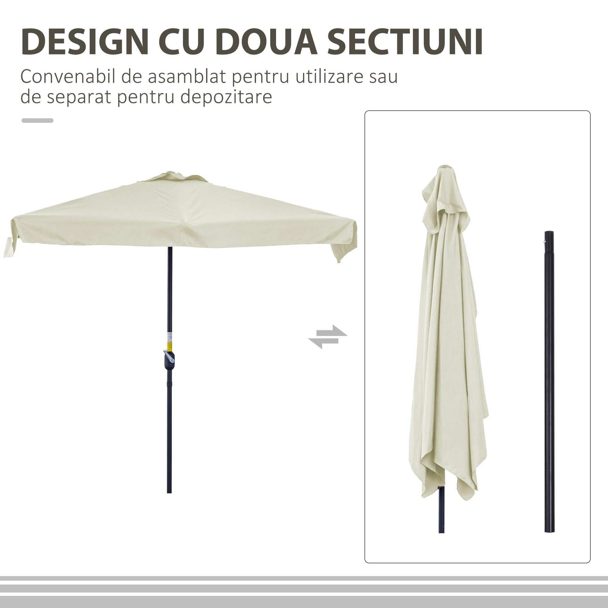  Umbrela dreptunghiular pentru gradina cu manivela, 230x130x249cm, Alb Crem [3]