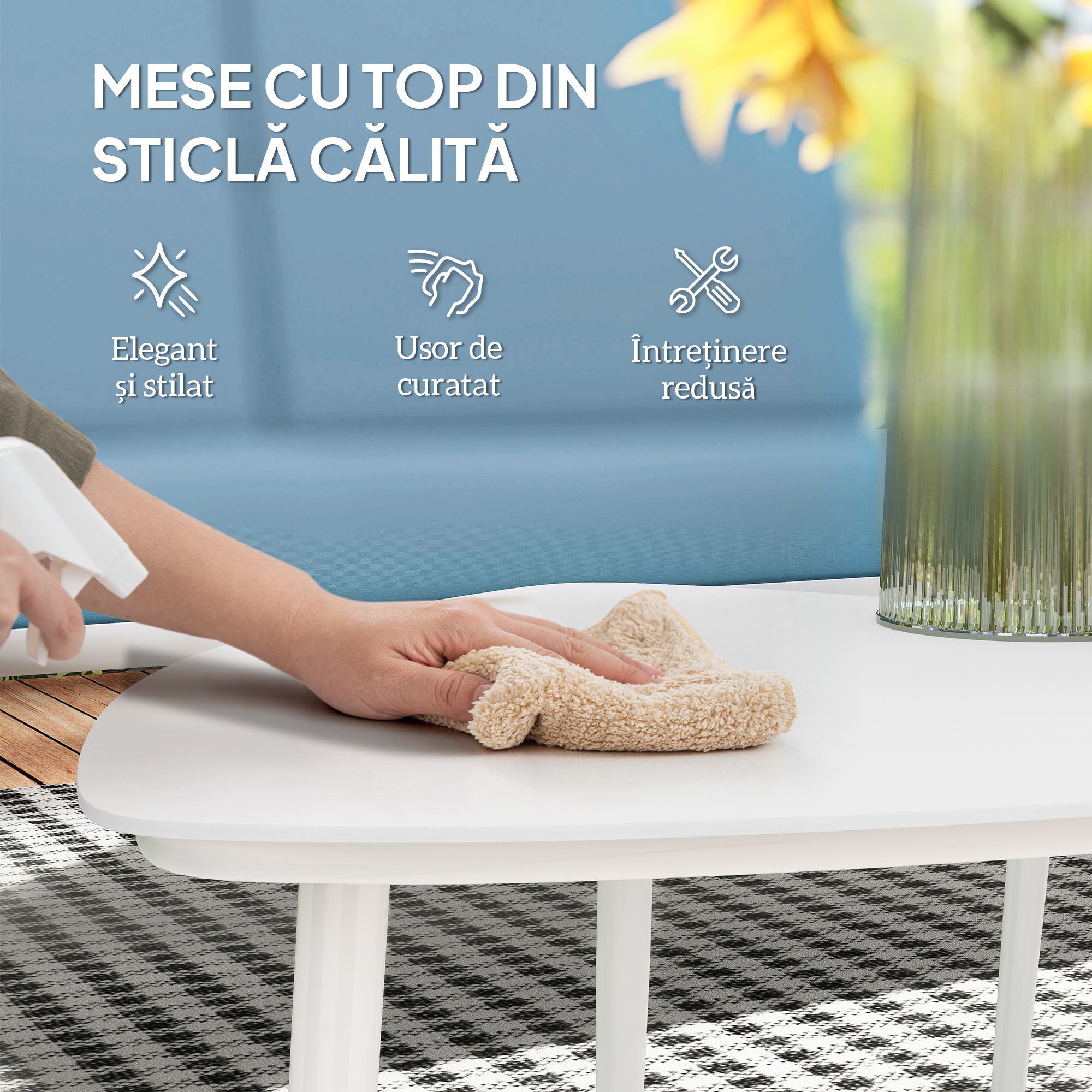  Set de Exterior cu Canapea de 2 Locuri, 2 Fotolii si 2 Masute de Cafea cu Blat din Sticla, Albastru [5]