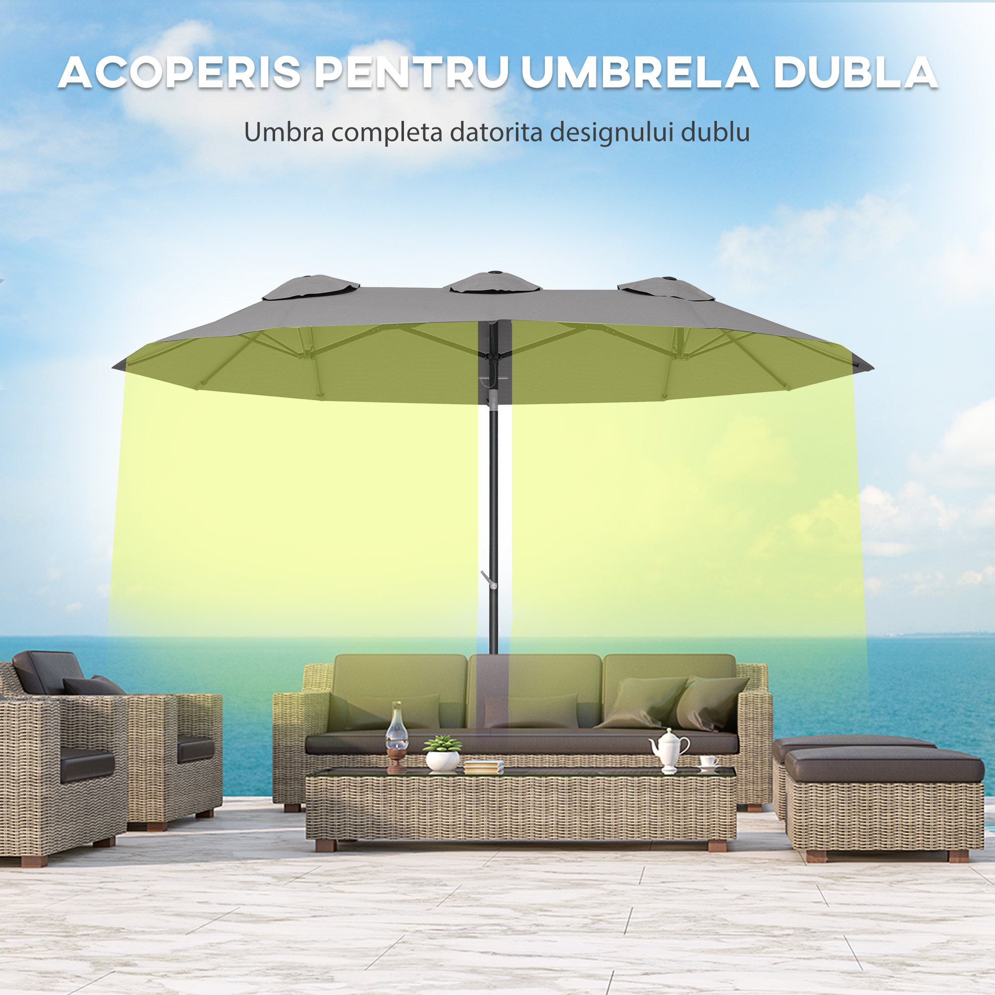  Umbrela de Gradina Dubla inclinabila 45°, cu Manivela si 3 Orificii de Ventilatie, 295x152x222 cm, Gri [4]