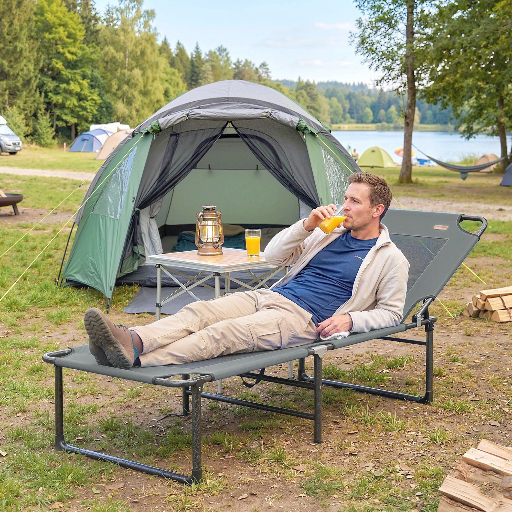  sezlong de Exterior Reglabil 4 Pozitii, Scaun Pliabil cu Maner, Gri. [7]