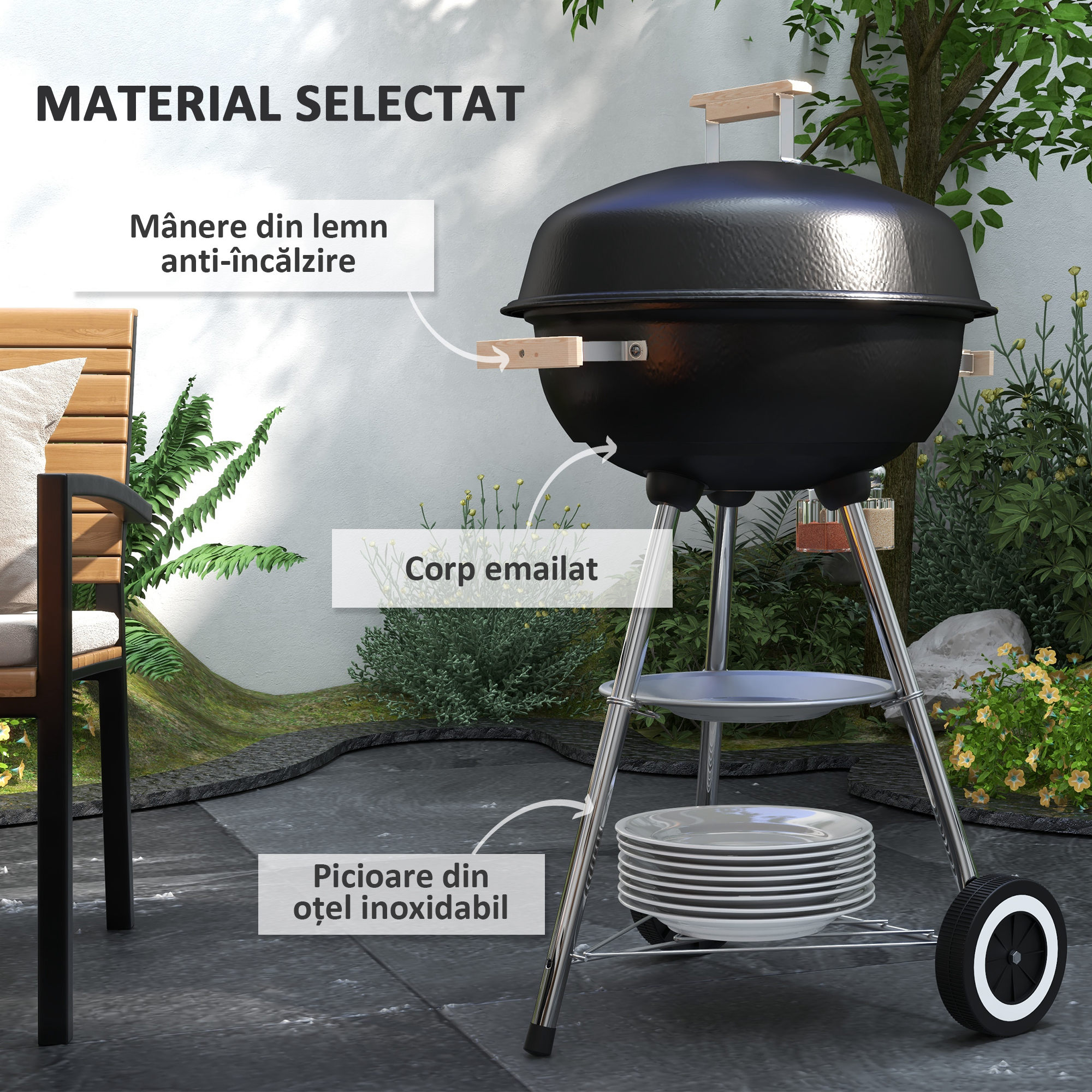  Gratar cu Carbuni, Grilaj Metalic, Capac, Orificii de Aerisire, Roti, Raft si Maner, 48x56x94 cm, Negru [5]