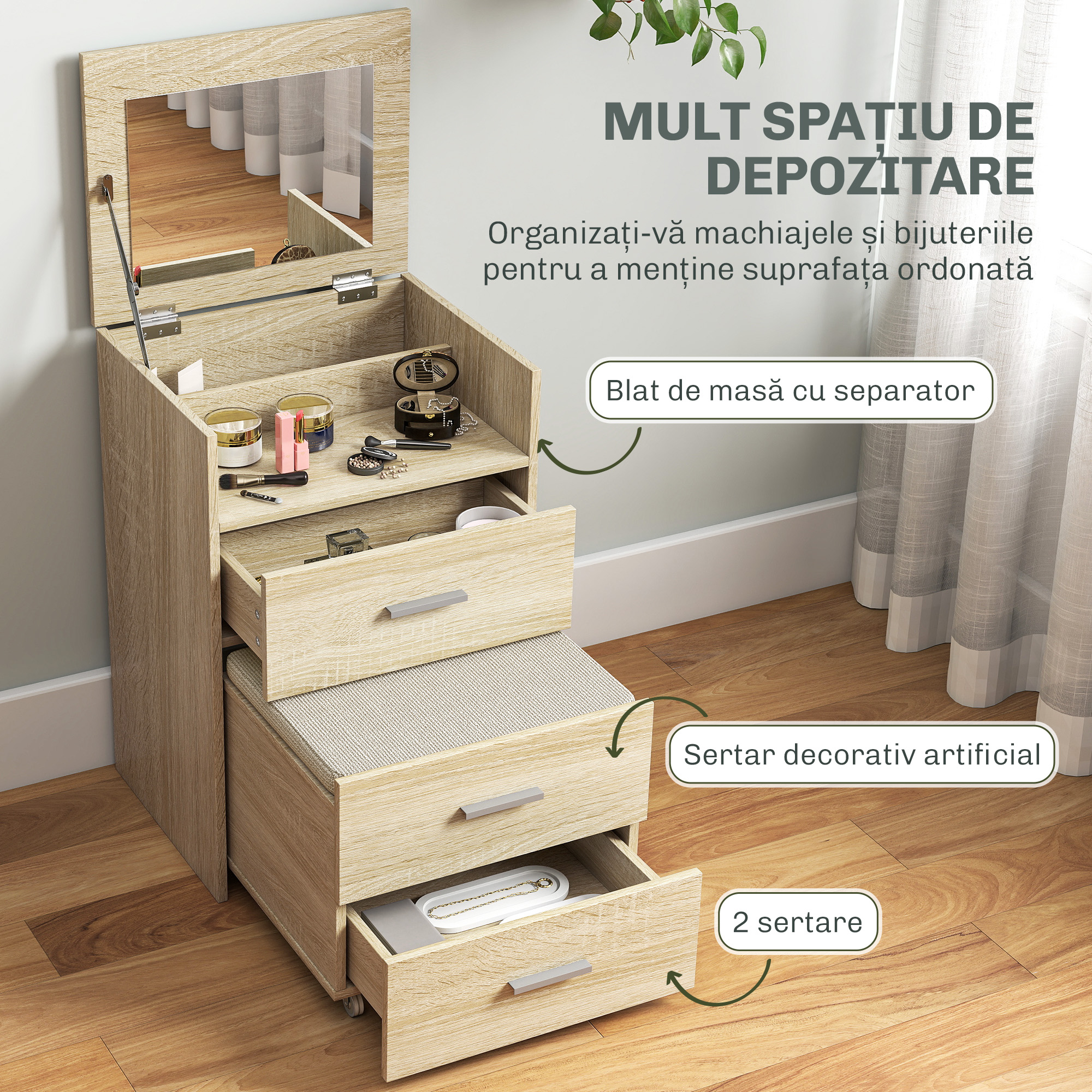  Masa de Toaleta cu Oglinda Rabatabila, Natural [5]