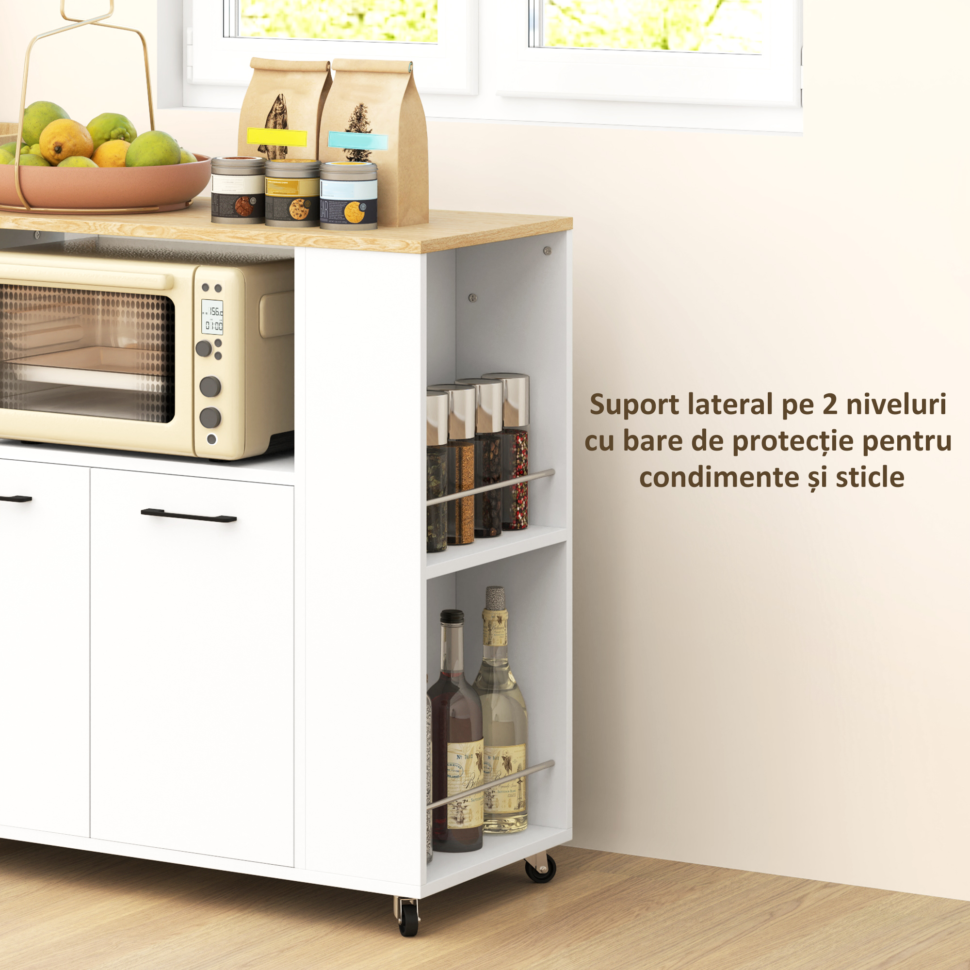  Carucior de Bucatarie din Lemn cu Raft Deschis, Dulap si Raft Lateral, 75x40x80,5 cm, Culoare Stejar si Alb [4]