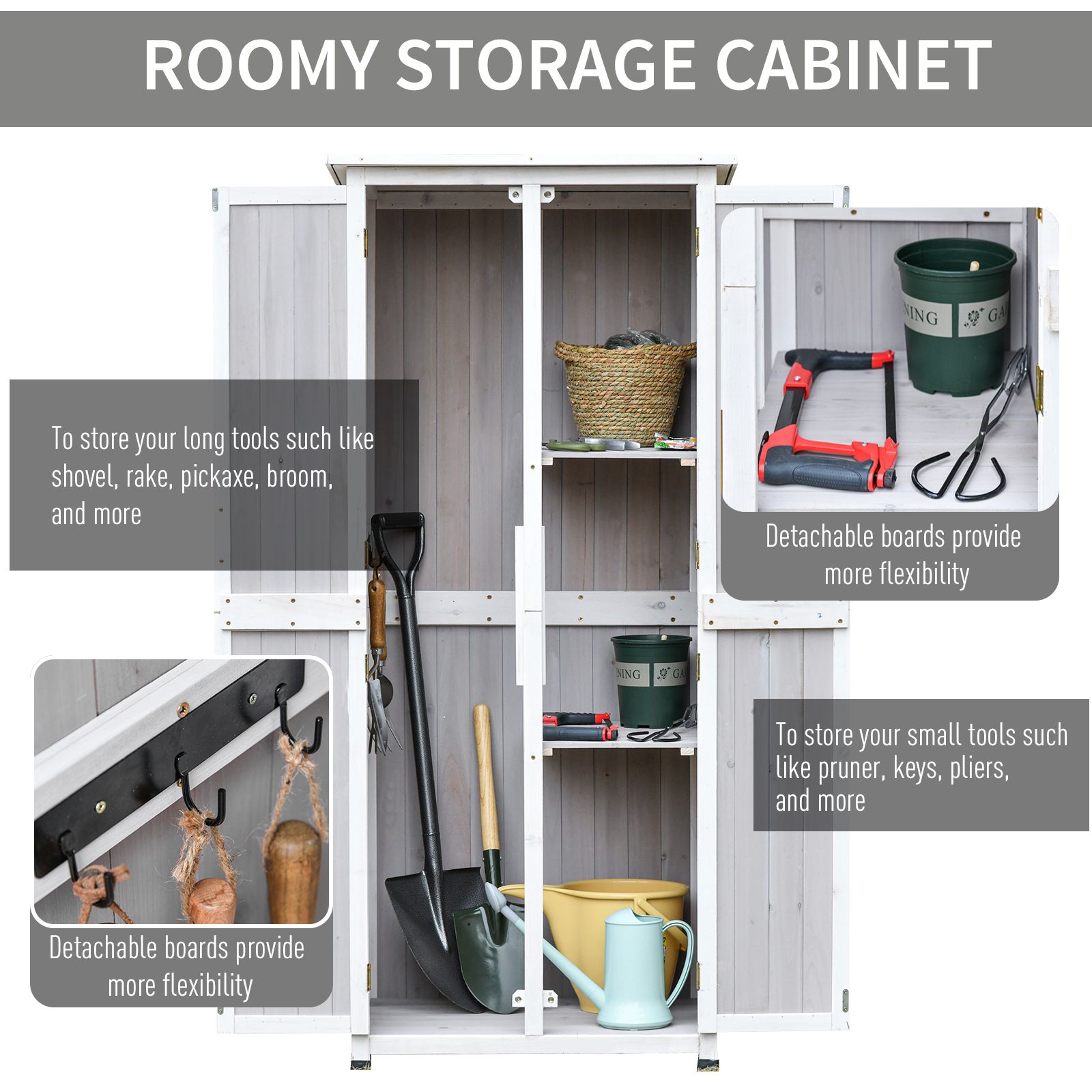  Magazie din Lemn de Brad pentru Unelte cu 3 Niveluri, cu Acoperis din Bitum si Carlige, 77x58x175 cm, Gri [3]