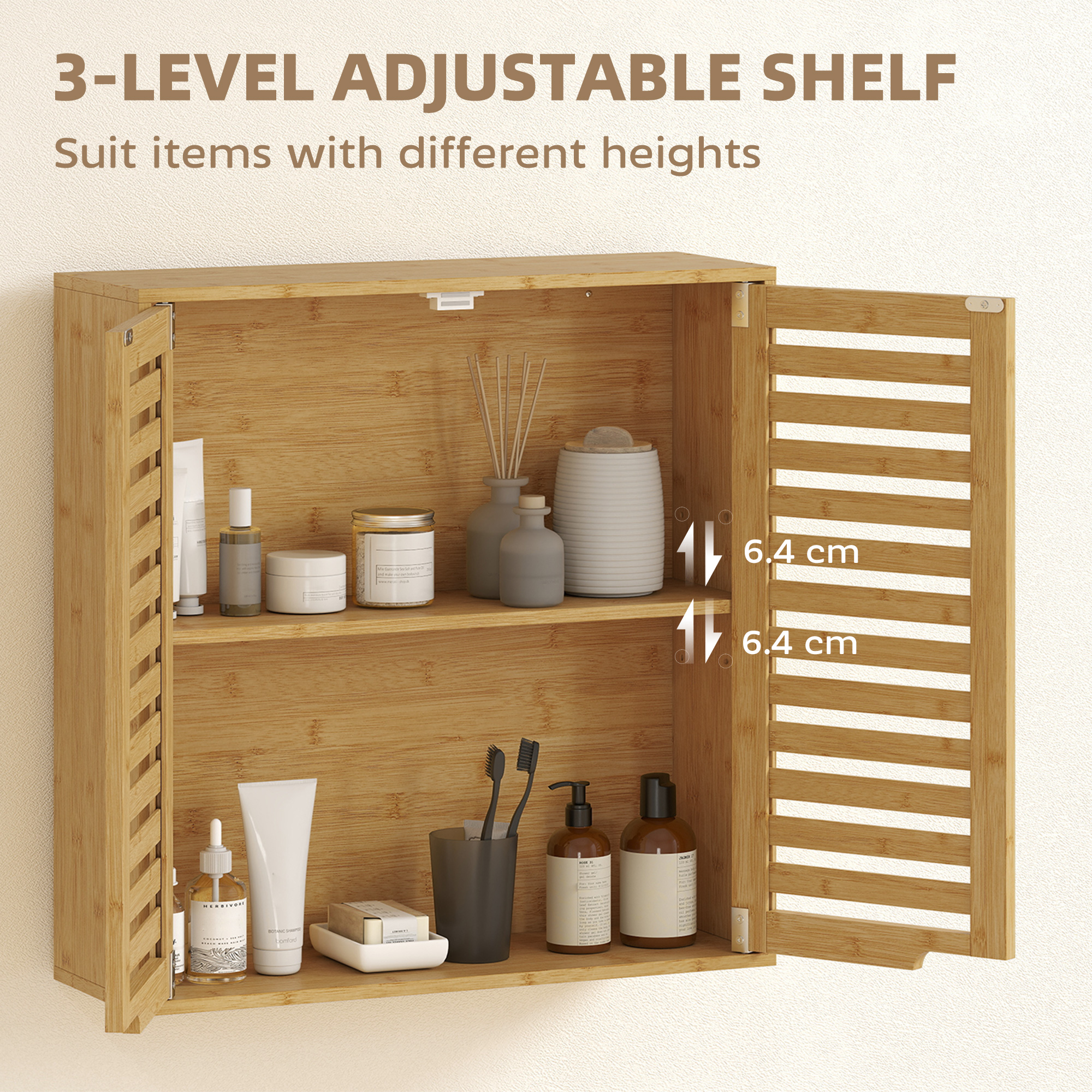  Dulap de Baie cu Raft Intern Reglabil si Usi Tip Lama, din Bambus, 60x20x60 cm, Culoare Lemn [4]