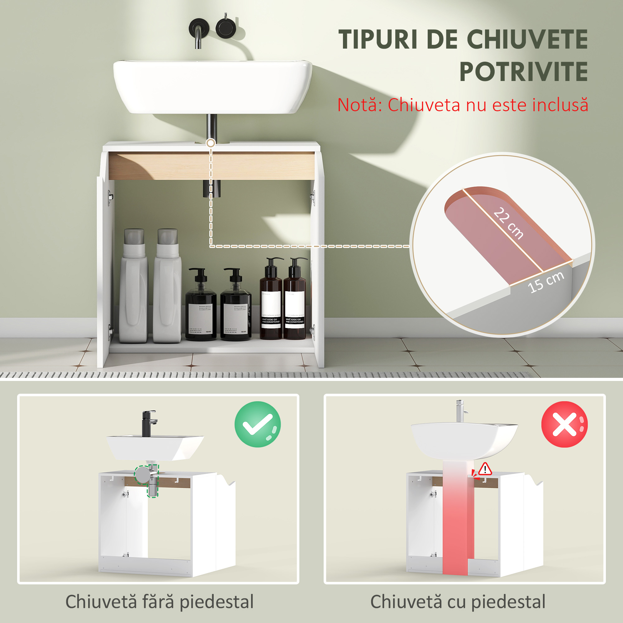  Dulap Sub Chiuveta pentru Baie, Dulap Depozitare Baie cu Usi cu inchidere Silentioasa, pentru Lavoar fara Coloana, Alb [3]