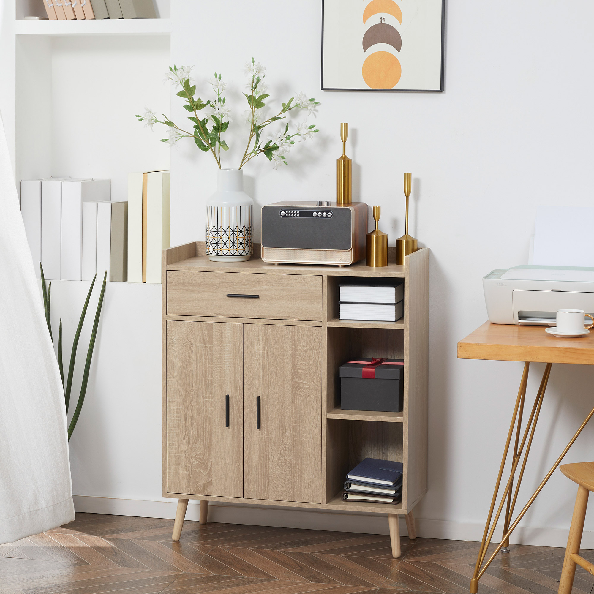  Bufet modern cu dulap de depozitare, cu sertar si raft reglabil pentru living, dormitor, hol, natural [8]