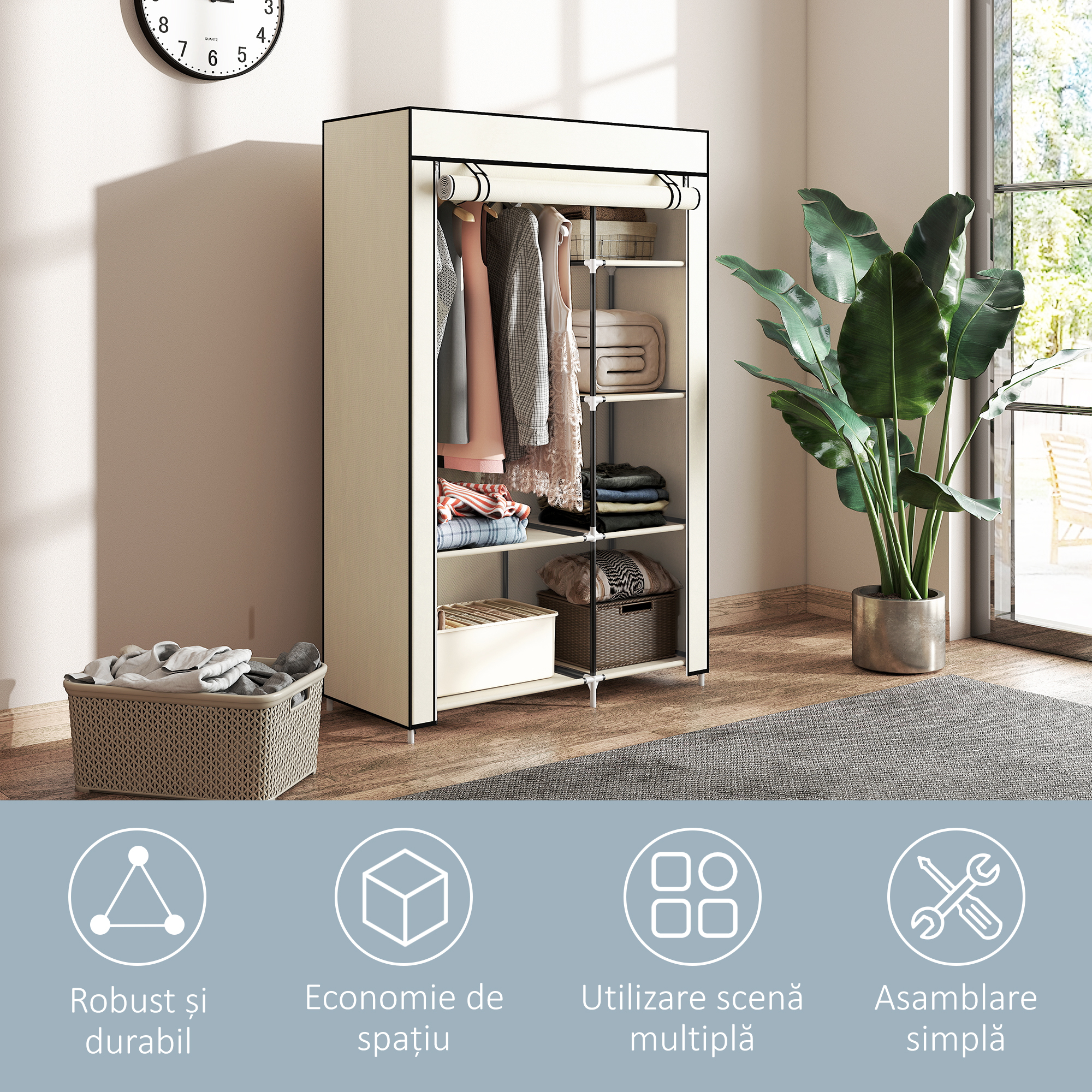  Dulap portabil din otel, netesut si PP cu 6 rafturi deschise, 1 cuier si usa cu balamale, 103x43x162,5 cm, gri [5]