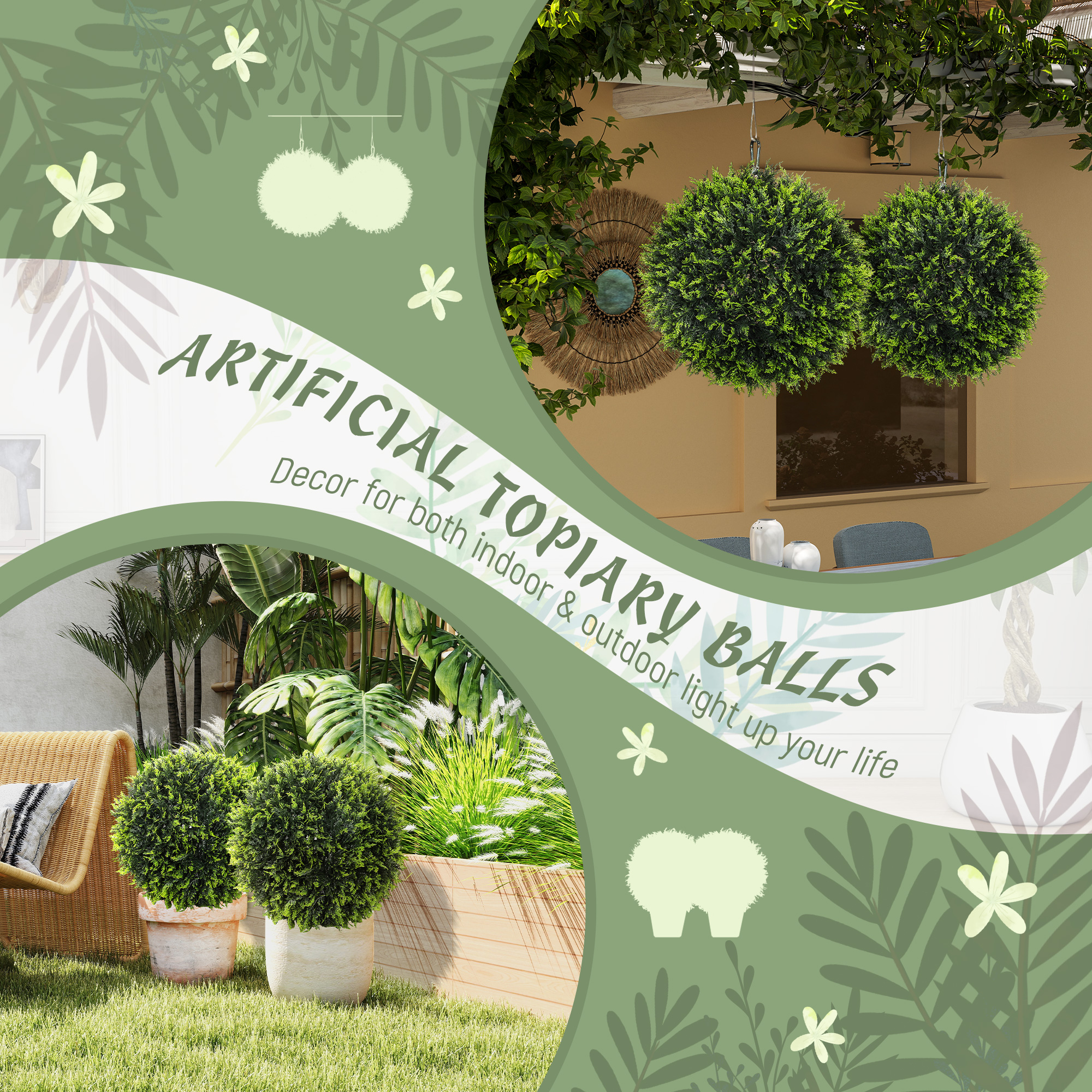  Set de 2 Plante Artificiale Rotunde cu Frunze de Cedru pentru Casa si Gradina Ø45 cm, Verde [6]