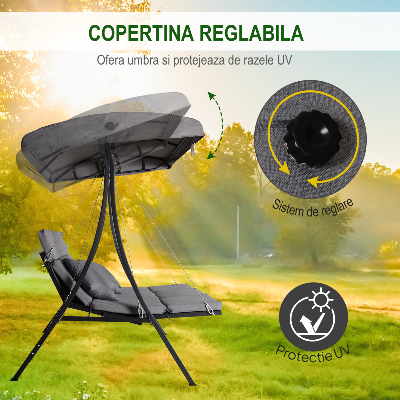  Balansoar cu 3 Scaune din Material Textil cu Perne si Acoperis Reglabil, Gri, 200x115x168 cm [3]