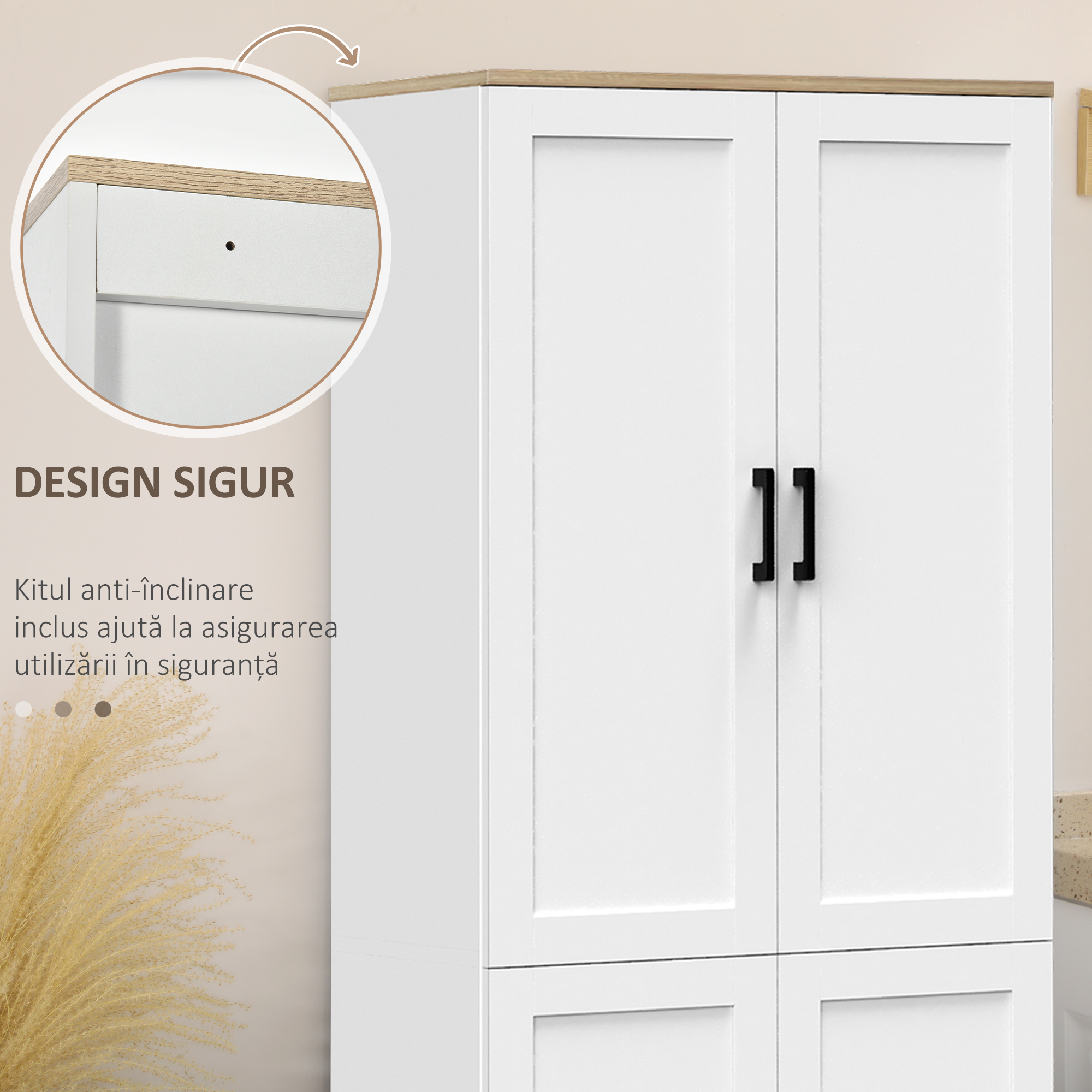  Dulap de Bucatarie din Lemn cu 5 Rafturi Reglabile si 4 Usi, 60x30x170.5 cm, Alb si culoare Lemn [5]