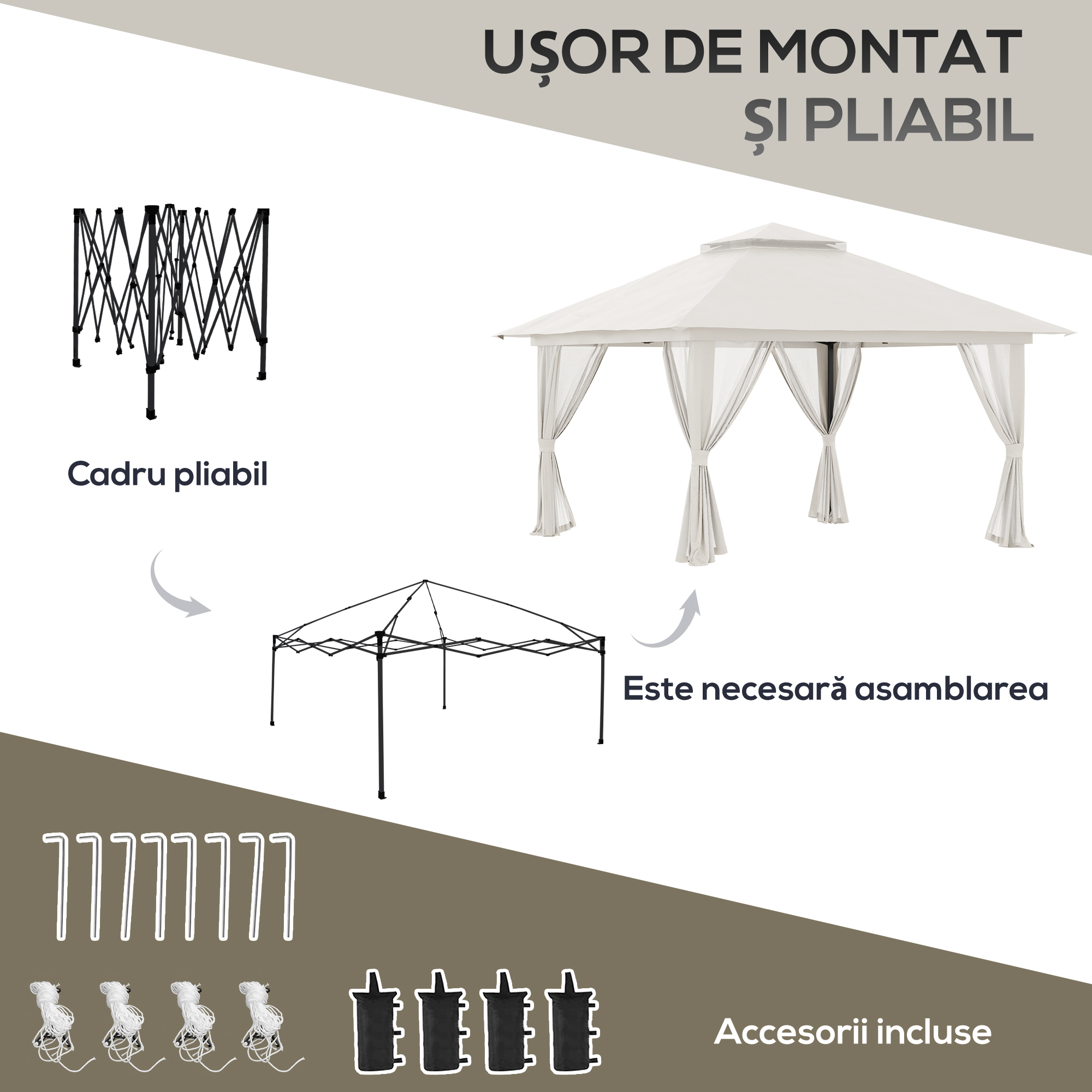  Foisor Pliabil Pop Up 4x4 m cu Inaltime Reglabila pe 3 Nivele, Foisor Exterior cu Plase de tantari, Saci de Nisip, Geanta de Transport, UV50+, pentru Gradina, Camping, Evenimente, Crem [4]