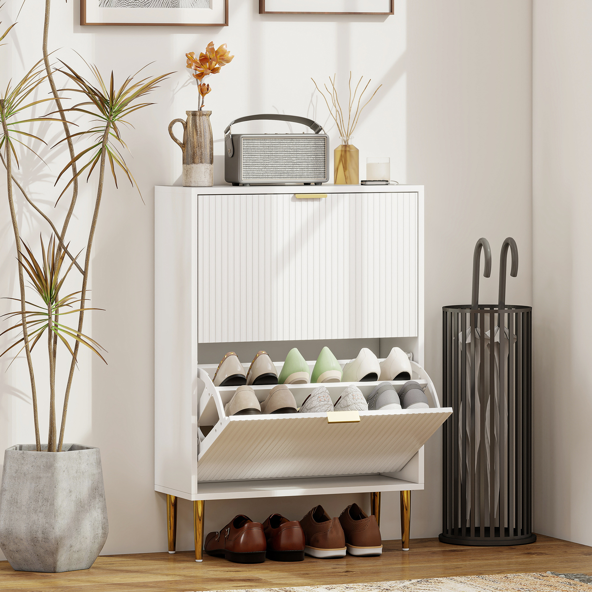  Dulap Slim pentru 12 Perechi de Pantofi, cu 2 Sertare Rabatabile si Rafturi Reglabile, 60x24x91.5 cm, Alb [1]