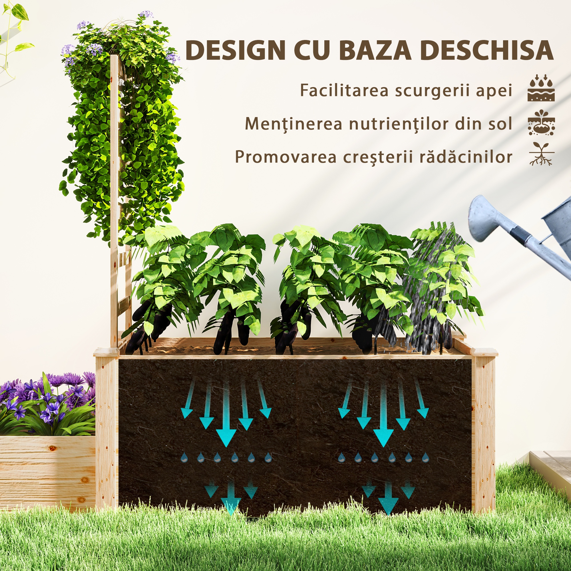  Pat inaltat pentru Gradina cu Grilaj, Baza Deschisa si 2 Despartitoare, 222x63x132 cm, Lemn Natural [5]