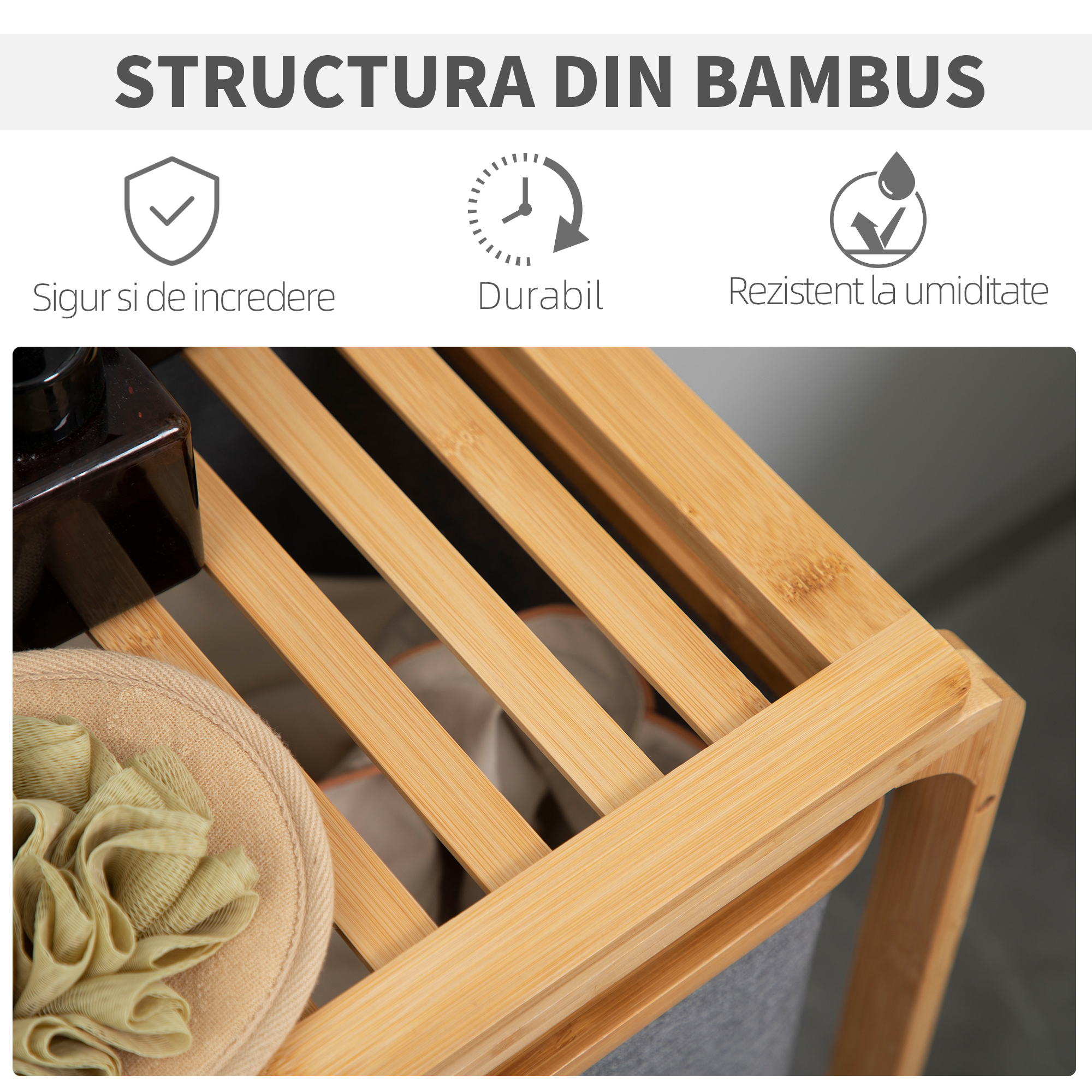  Cos de rufe din bambus , cos de rufe cu 3 pungi glisante din material textil si raft deschis, cos de spalat cu 3 sectiuni, economiseste spatiu, natural [6]