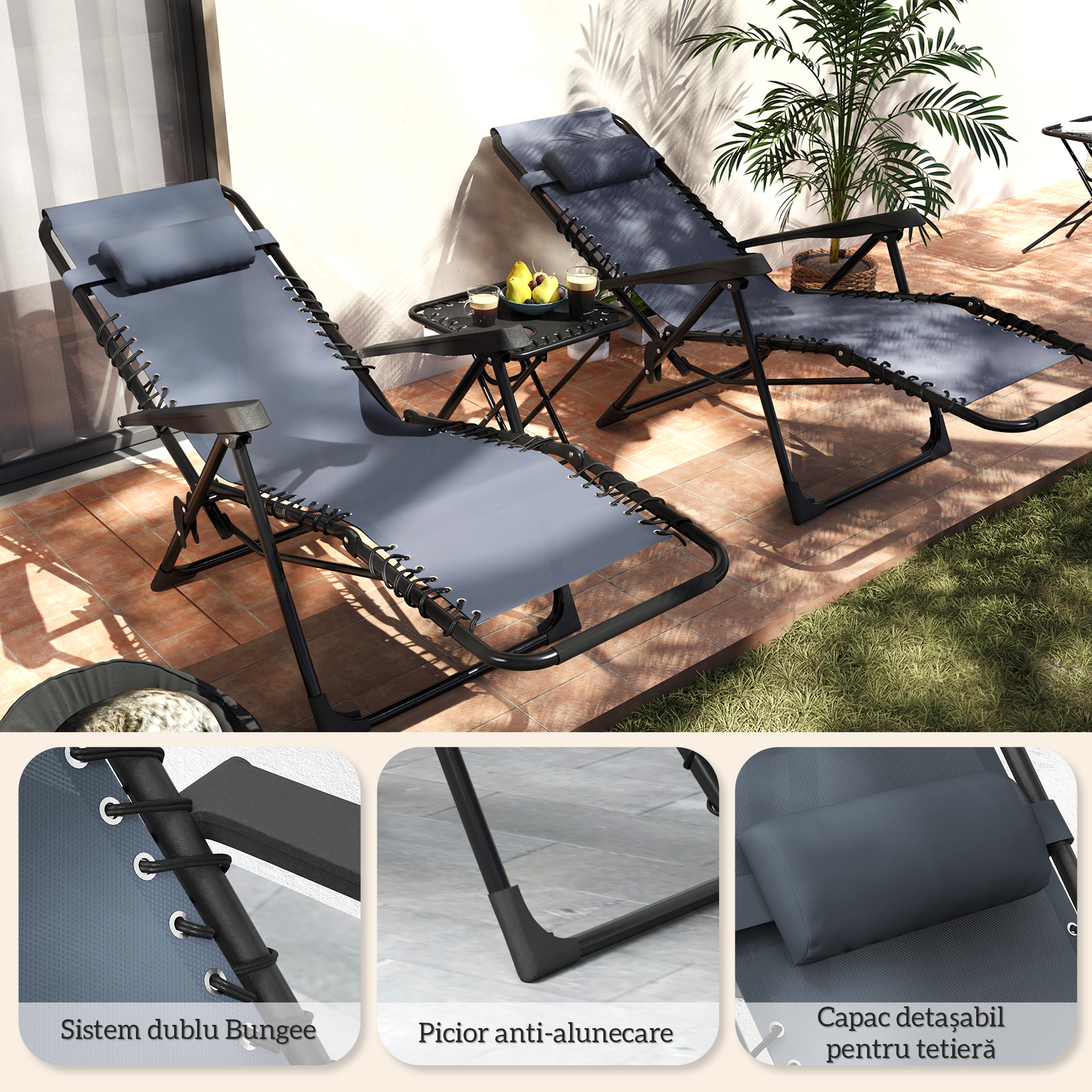  Set 2 sezlonguri Zero Gravity Pliabile cu Spatar Reglabil si Masuta, Gri [7]